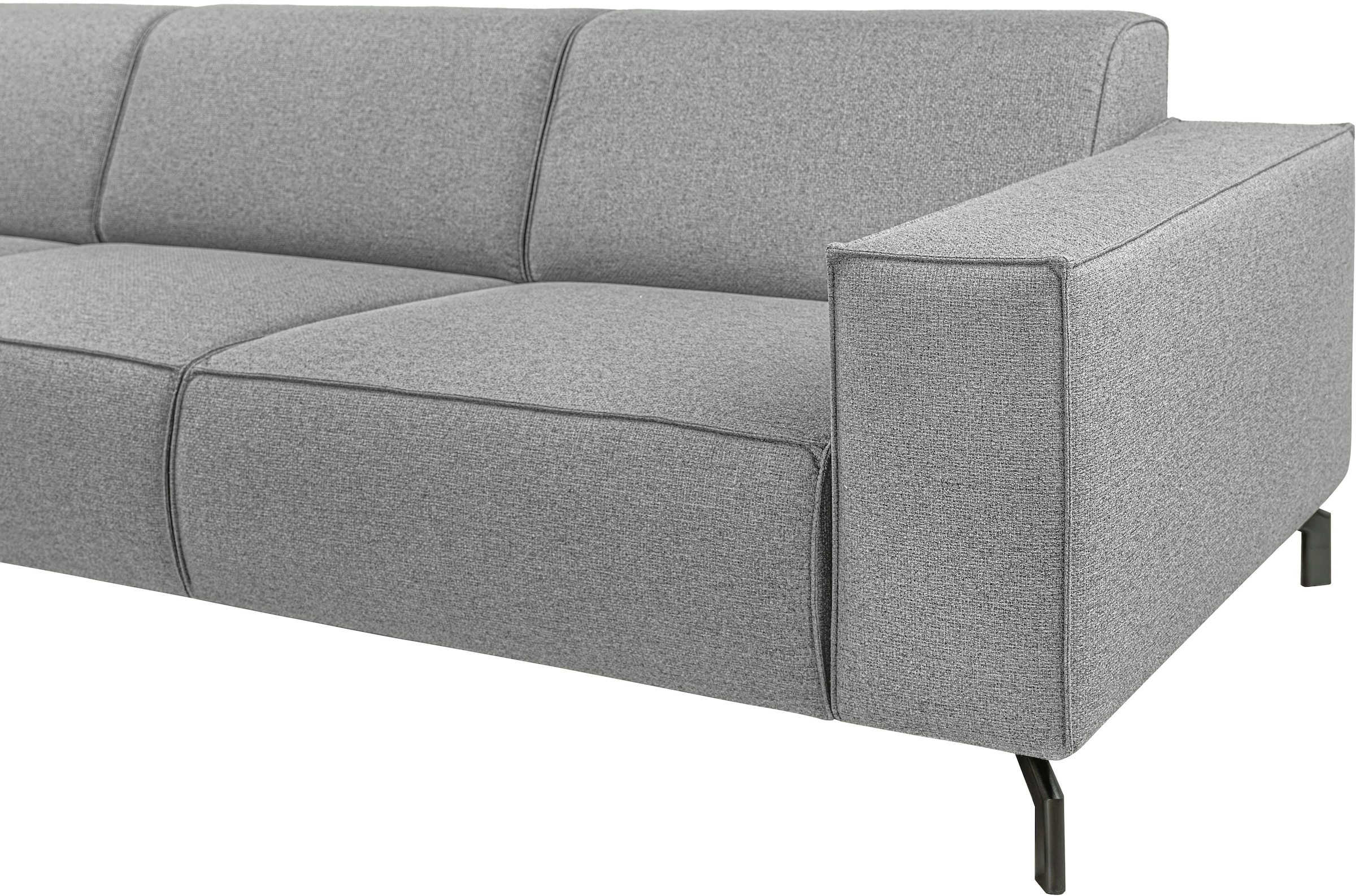 Places of Style Ecksofa »Lorcan, Breite 275 cm, weiches Sitzgefühl«, mit schwarzen Metallfüßen, Lederoptik und in weichem Strukturstoff