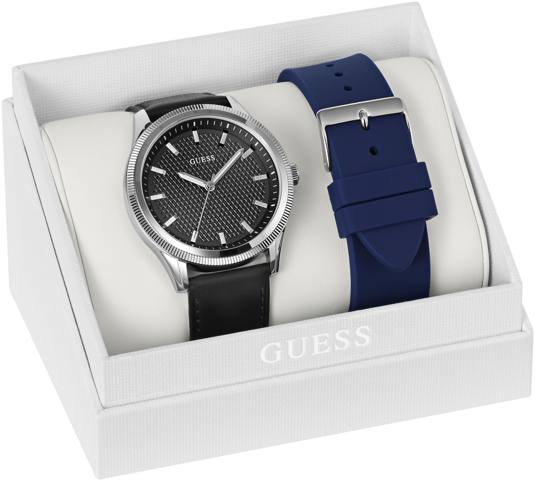 Guess Quarzuhr »DEX« Armbanduhr, Herrenuhr, Silikonarmband, Lederarmband, Mineralglas