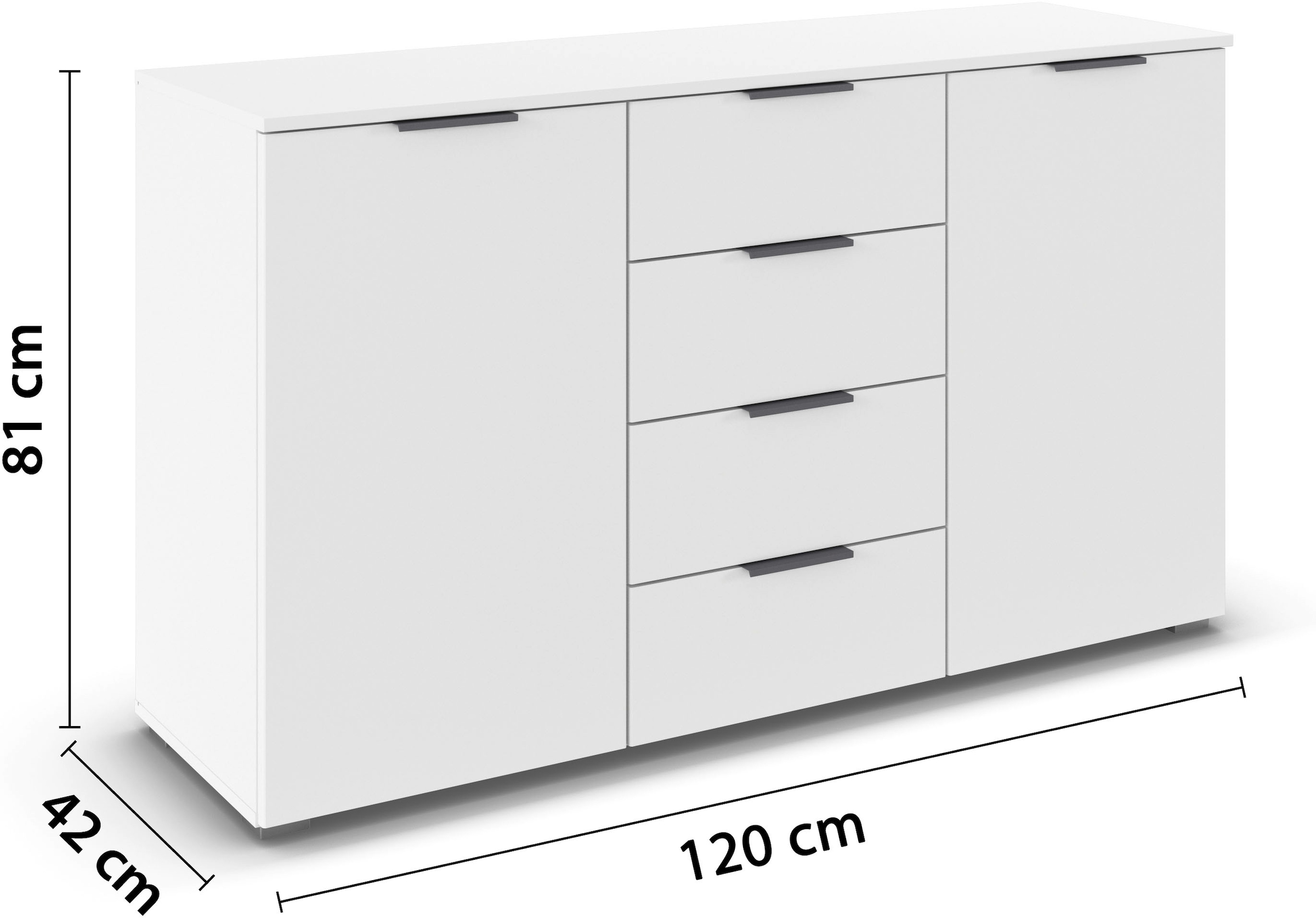 rauch Kombikommode »Sideboard Schubladenkommode AGORDO mit Dekor- oder Hochglanzfront«, (in zwei Griff-Farben, Breite 120 cm), vier große Schubladen, mit insgesamt 4 Einlegeböden MADE IN GERMANY