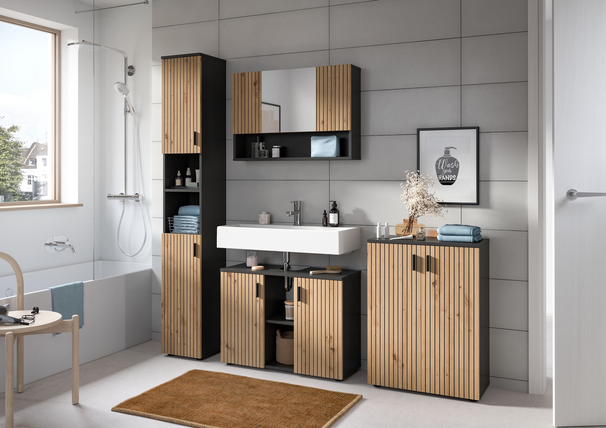 welltime Badmöbel-Set »MANI, 4-tlg. Badkombination, Paneeloptik« Set, Set, best. aus: 1Badschrank,1WBU,1Spiegelschrank,1Badschrank, 4 Stk. tlg.
