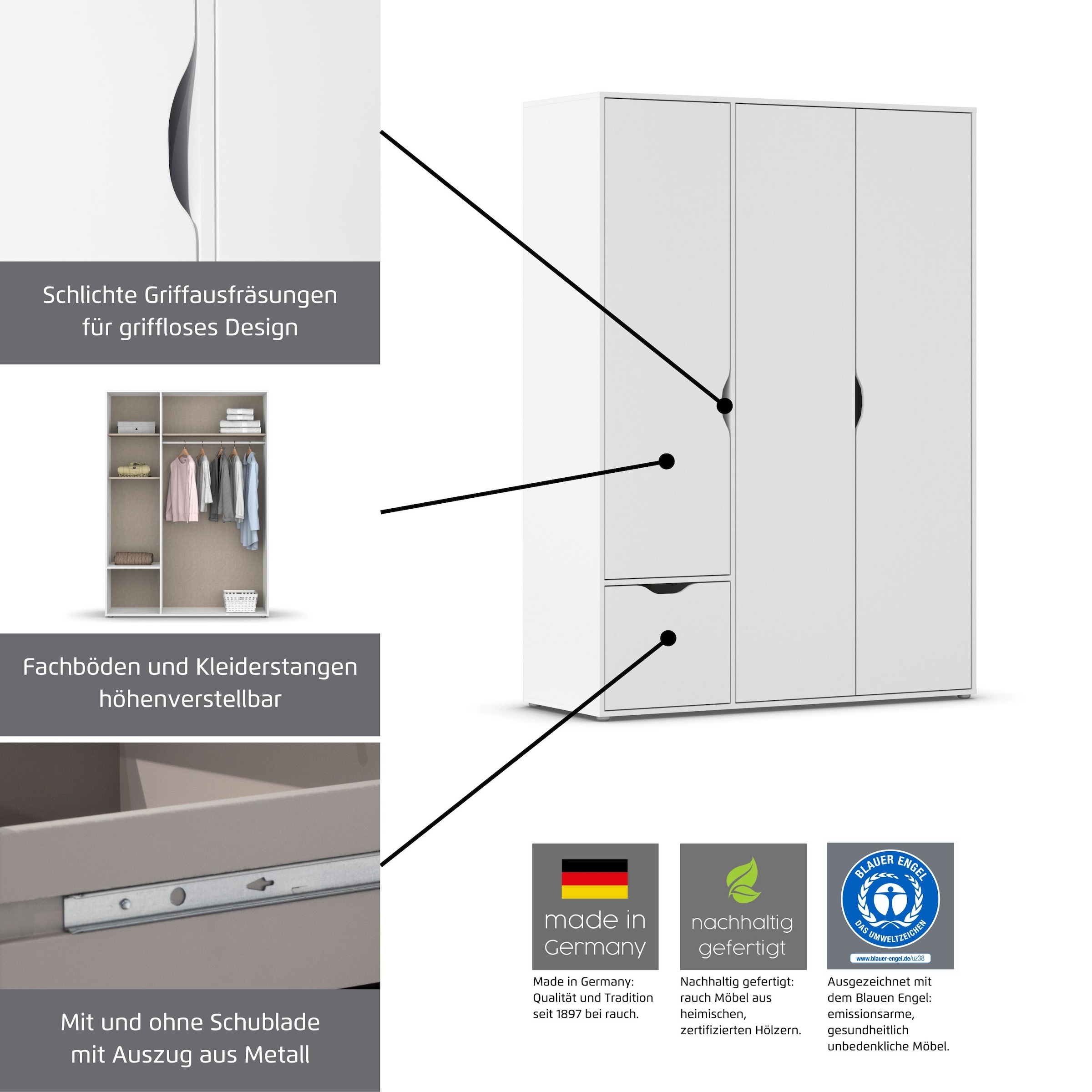 rauch Drehtürenschrank »Kleiderschrank Schrank Garderobe Wäscheschrank NARAI mit Spiegel«, (in 3 verschiedenen Ausstattungen BASIC/CLASSIC/PREMIUM), Griffausfräsungen für eine grifflose Optik TOPSELLER MADE IN GERMANY