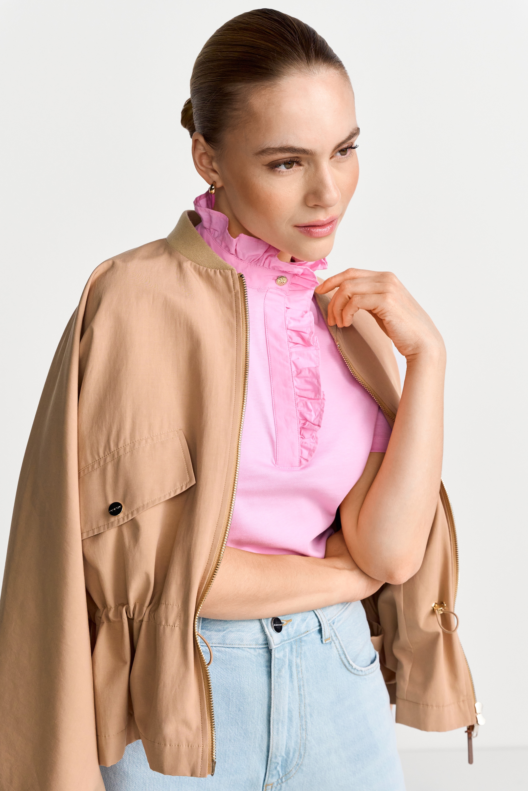 RICHROYAL Blusenshirt mit schmalem Stehkragen und halber Knopfleiste mit Rüschenkante