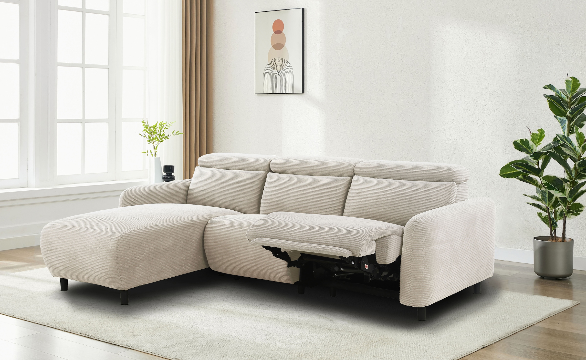 Home affaire Ecksofa »SKAANE in Cord, L-Form, 274 cm, manuelle u. elektrische Relaxfunktion,« rundes Design, Kopfteilverstellung, Federkernpolsterung