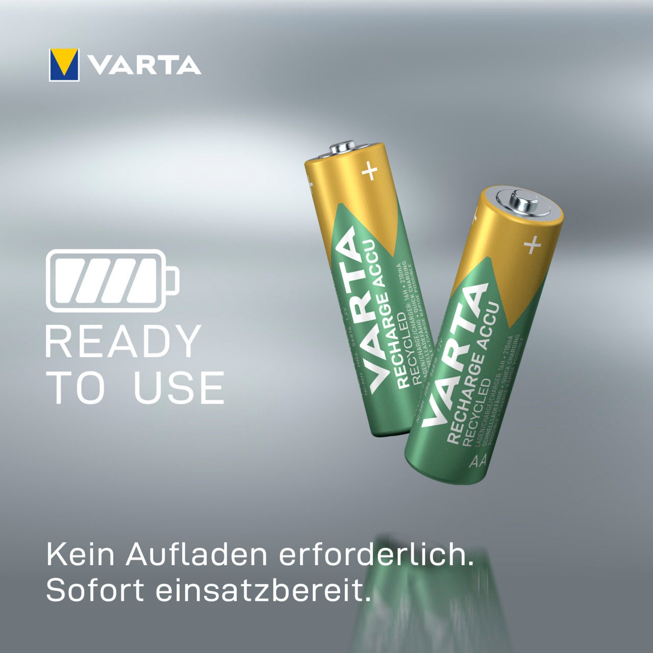 VARTA wiederaufladbare Batterien »wiederaufladbare Akkus«, 1,2 V, (Packung, 4 St.), VARTA Recharge Accu Recycled, Ready-To-Use vorgeladener AA Micro Ni-MH Akku (4er Pack, 2100mAh) - aus 11% recyceltem Material - wiederaufladbar ohne Memory Effekt