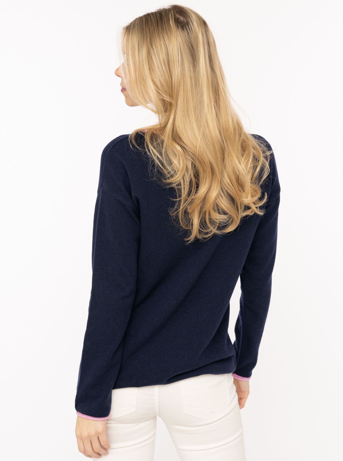 Zwillingsherz Rundhalspullover »"Happy Face"« Stickerei, aufgerollte kontrastfarbige Bündchen