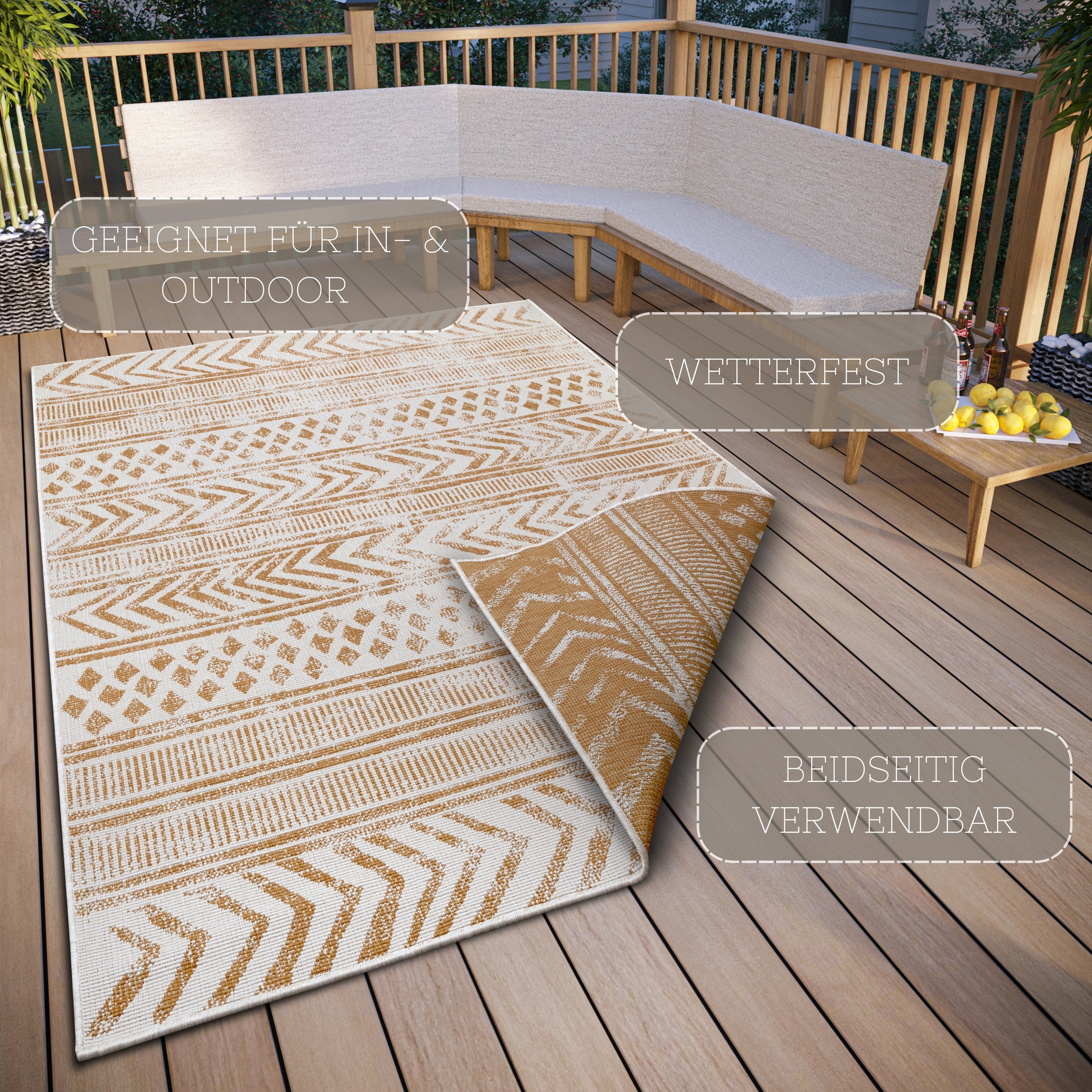 NORTHRUGS Teppich »BIRI Wendeteppich«, rechteckig, 5 mm Höhe, In-& Outdoor, Wetterfest, Balkon, Läufer, Wohnzimmer, Wasserfest, Boho