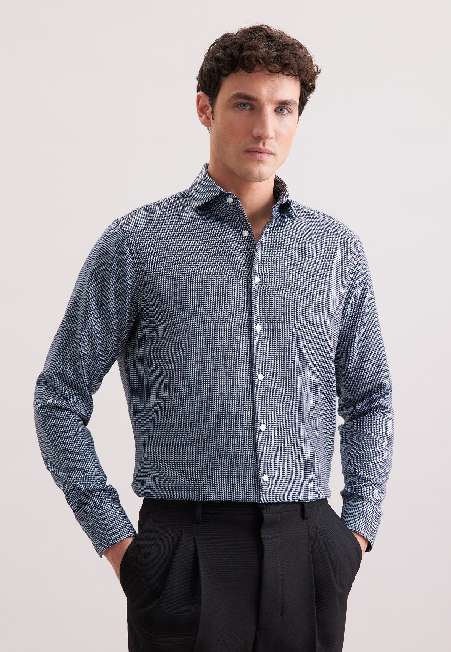 Seidensticker Herren Businesshemd »Schwarze Rose« Regular 1/1 Kentkragen Pepita in blau, Größe S38