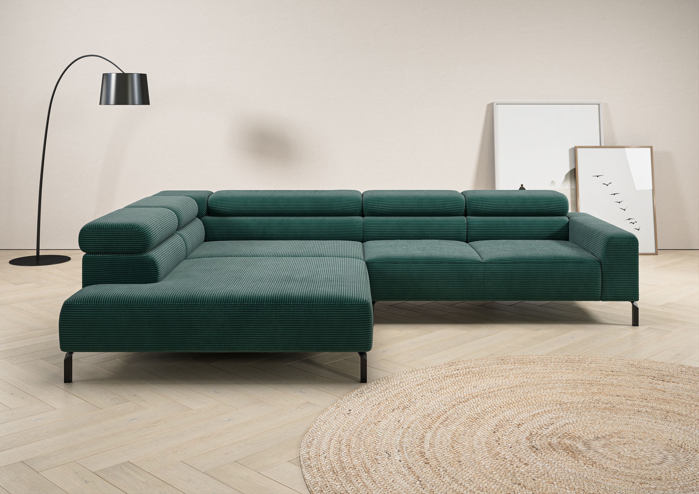 Places of Style Ecksofa »Antonelli, L-Form, inkl. Kopfteilverstellung, Breite 312 cm«, ohne Sitztiefenverstellung, in Cord, grün