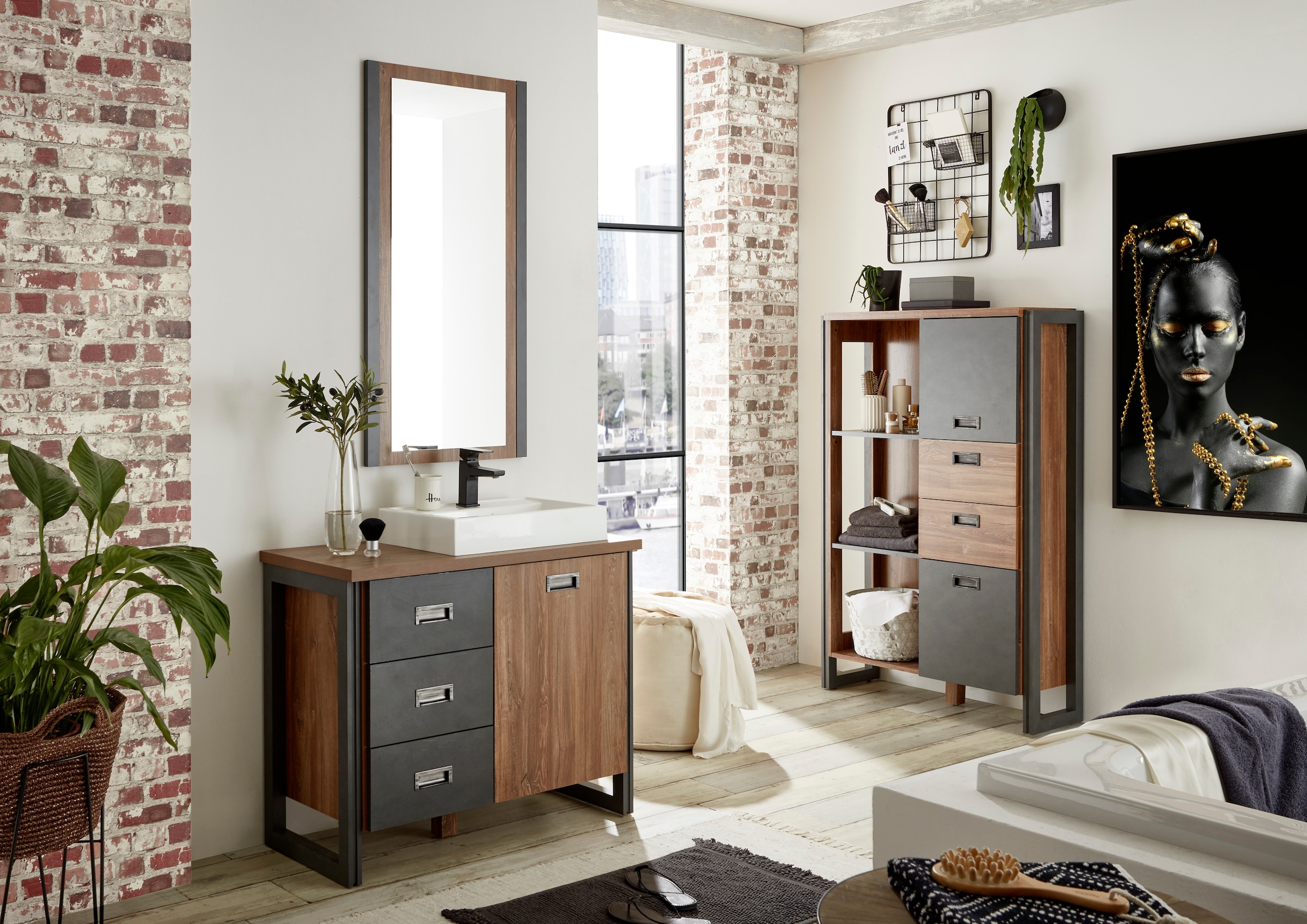 Home affaire Waschtisch »Detroit, Unterschrank mit Apothekergriff, Badschrank, Industrialdesign«, Eiche Dekor, mit Stauraum, inkl. Mineralguss-Waschbecken, Breite 91 cm
