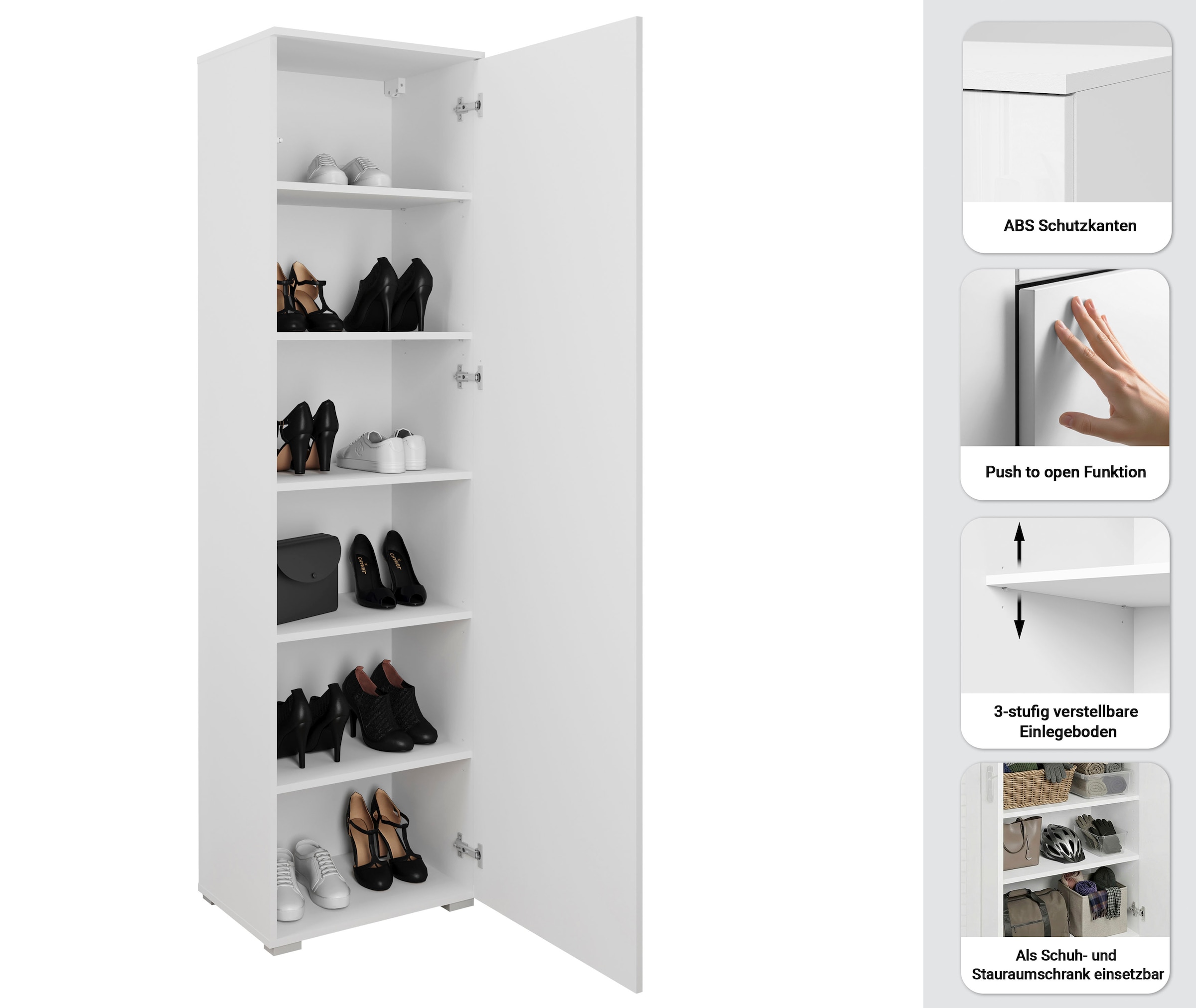 INOSIGN Schuhschrank »Paris, stehend oder hängend montierbar, Türanschlag wechselbar« moderne Garderobenschrank Höhe 180cm, 6 geräumiger Fächer