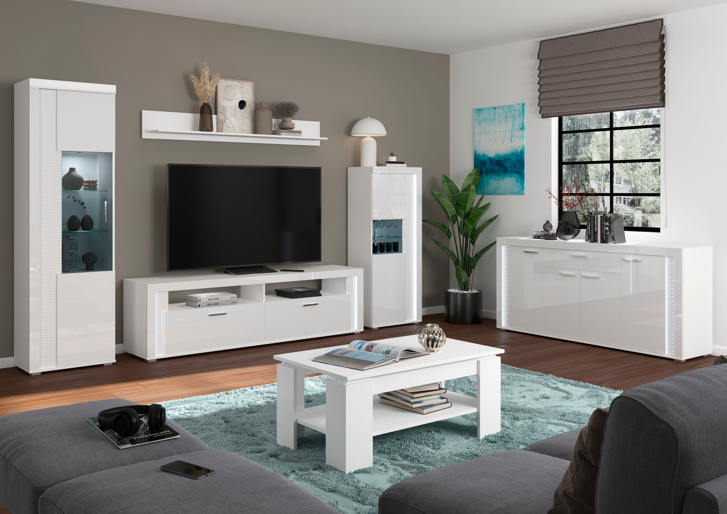INOSIGN Wohnwand »Viborg, 4-teiliges Set, inkl. vertikaler Frontbeleuchtung, best. aus:«, (4 St.), 2x Vitrine, 1 Lowboard & 1x Wandboard, Wohnkombination, Wohn-Set