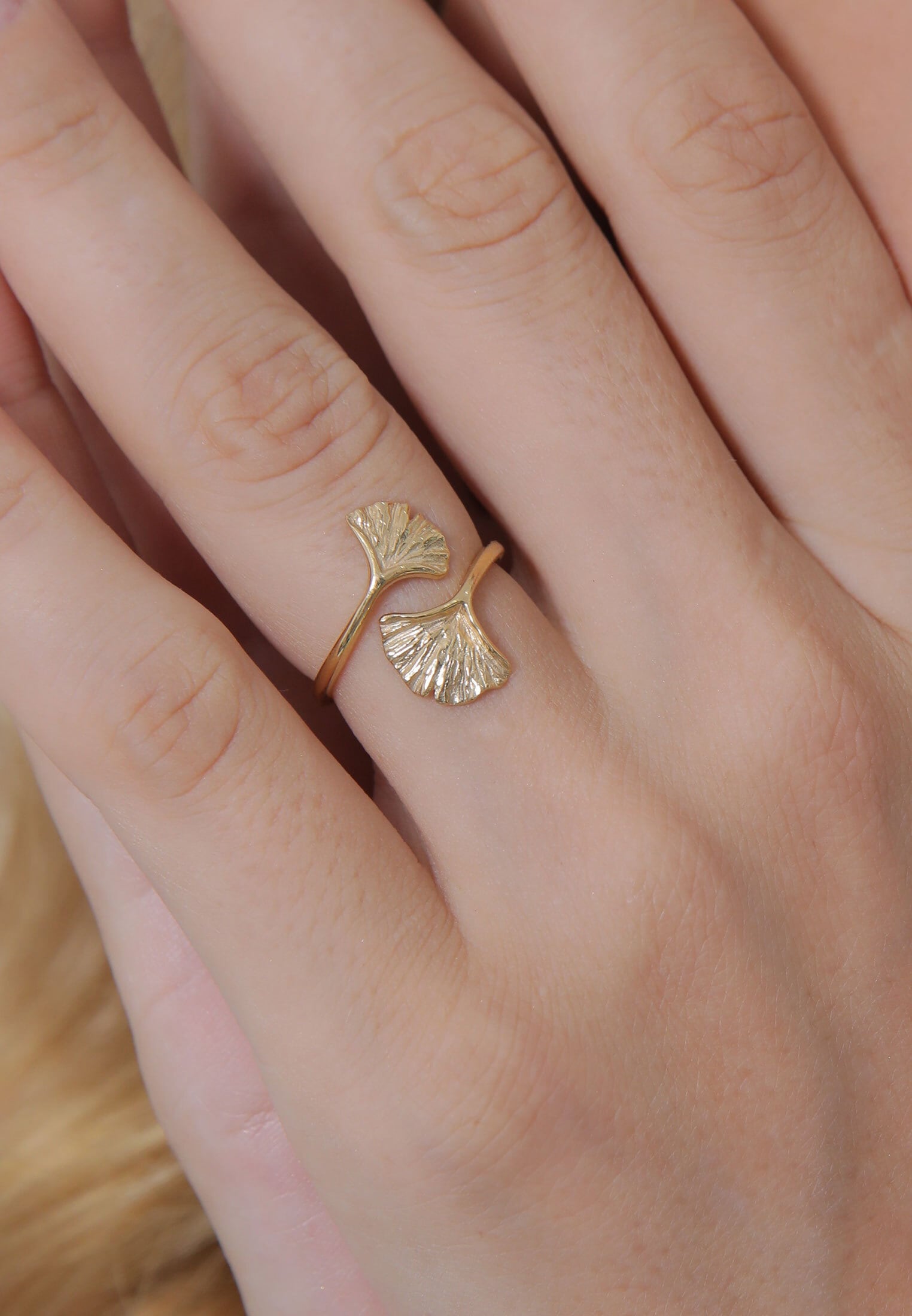 Elli Silberring »Ring Verstellbar offen Ginkgo Blatt Natur 925 Silber«