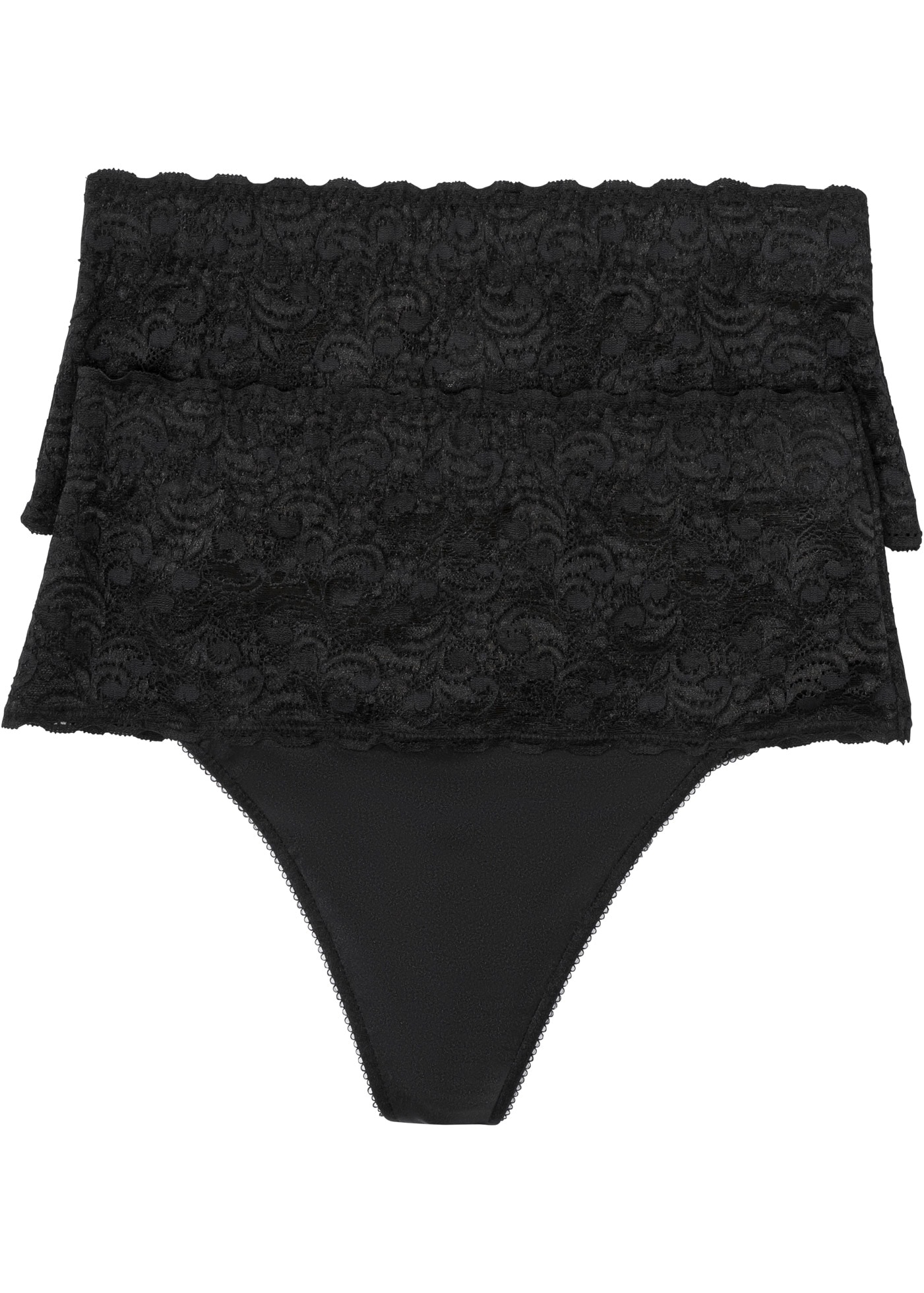 bonprix String Packung, 2 Stk. mit breitem Spitzenbund, elastisches Material, figurbetonte Passform