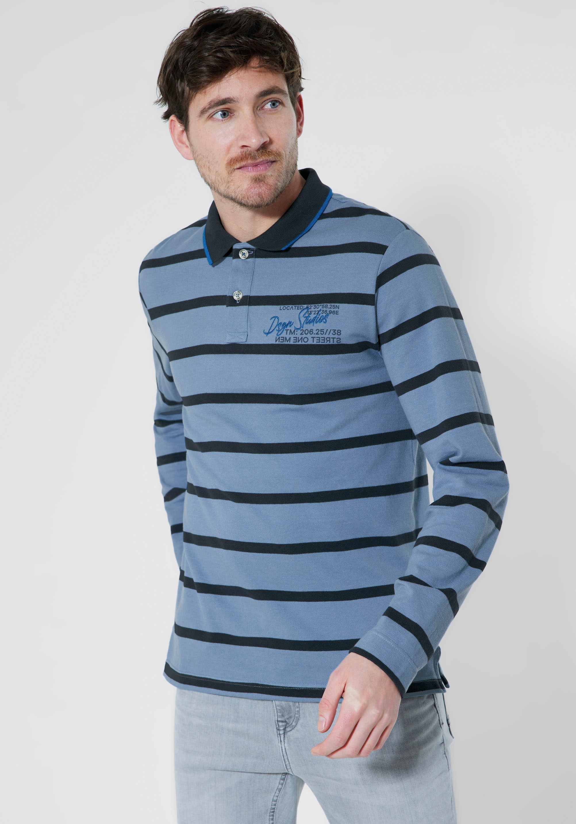 STREET ONE MEN Langarm-Poloshirt, mit Steifen und kleinem Print und Stickerei kaufen