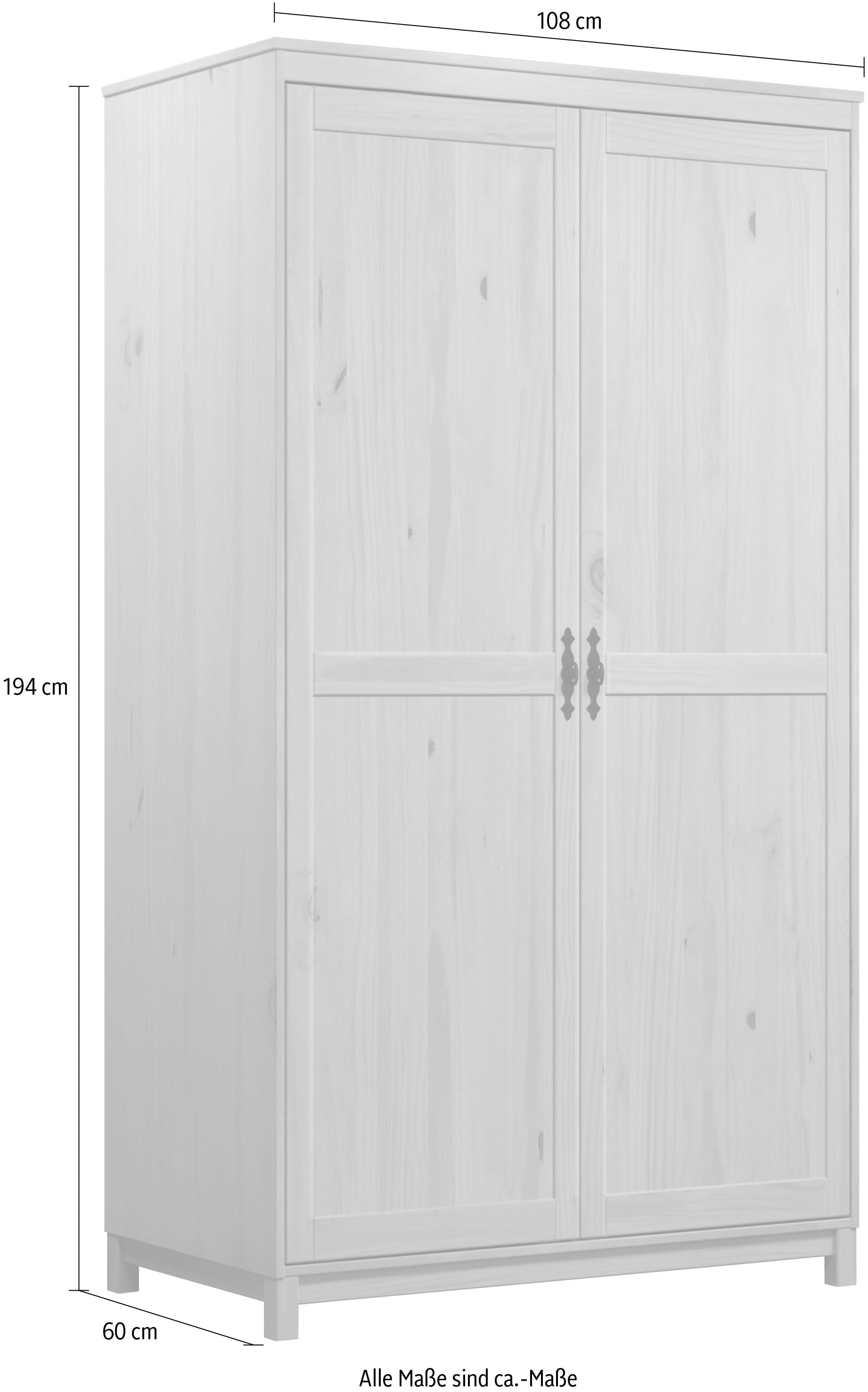 Home affaire Kleiderschrank »Sandnes Kieferschrank Schlafzimmer Schrank TOPSELLER weiß«, (1 St., natürlicher Landhaus-Look B/T/H = 108x60x194cm), Massivholz Schlafzimmerschrank mit besonderen Metallgriffen