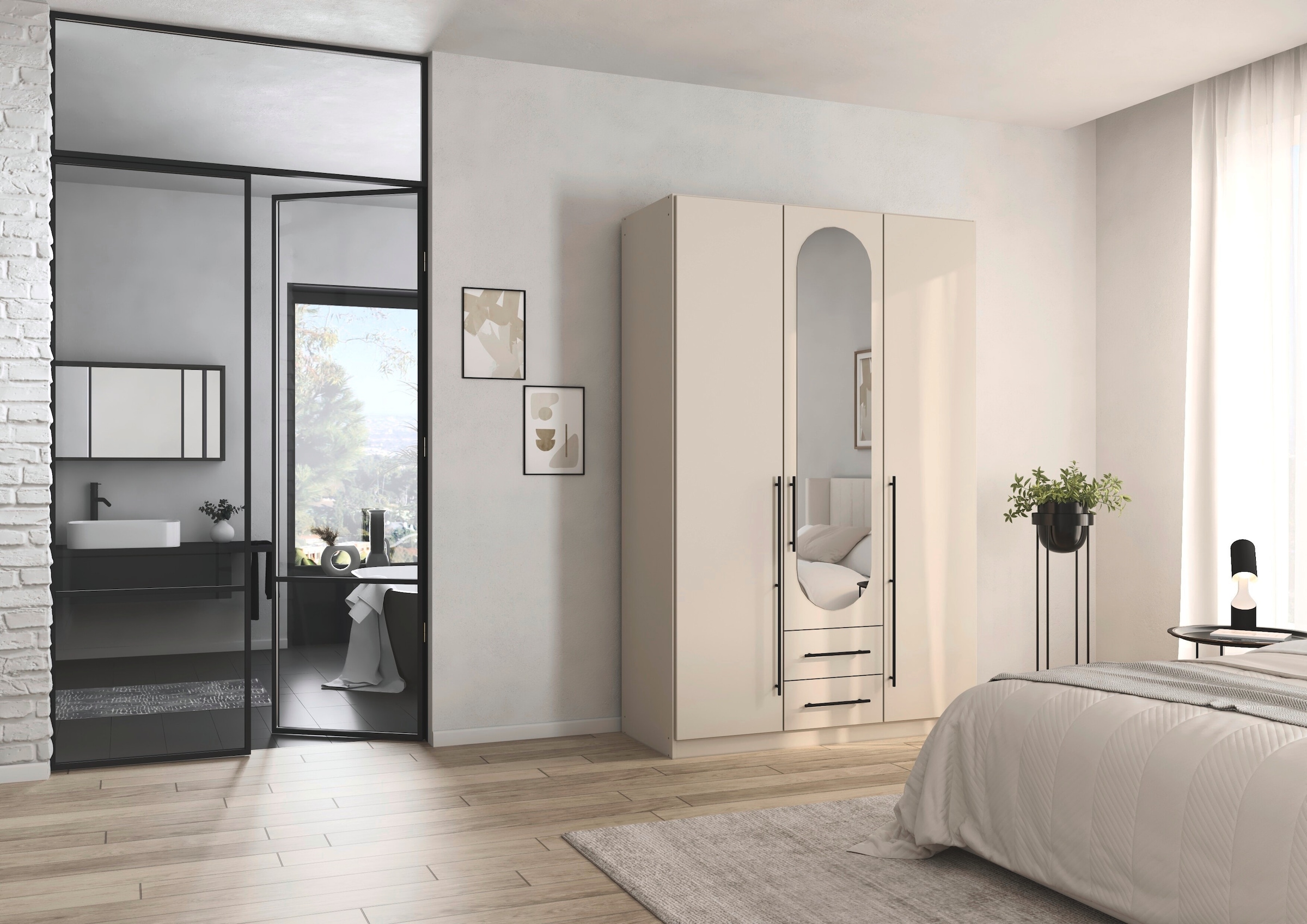 OTTO home Kleiderschrank »Schlafzimmer Schrank Garderobe RONDO Breiten 136/181/226/271 cm« 3 verschiedene Ausstattungen BASIC/CLASSIC/PREMIUM (inkl. SOFT-CLOSE),  elegante ovale Spiegelelemente Metallgriffe in Schwarz MADE IN GERMANY