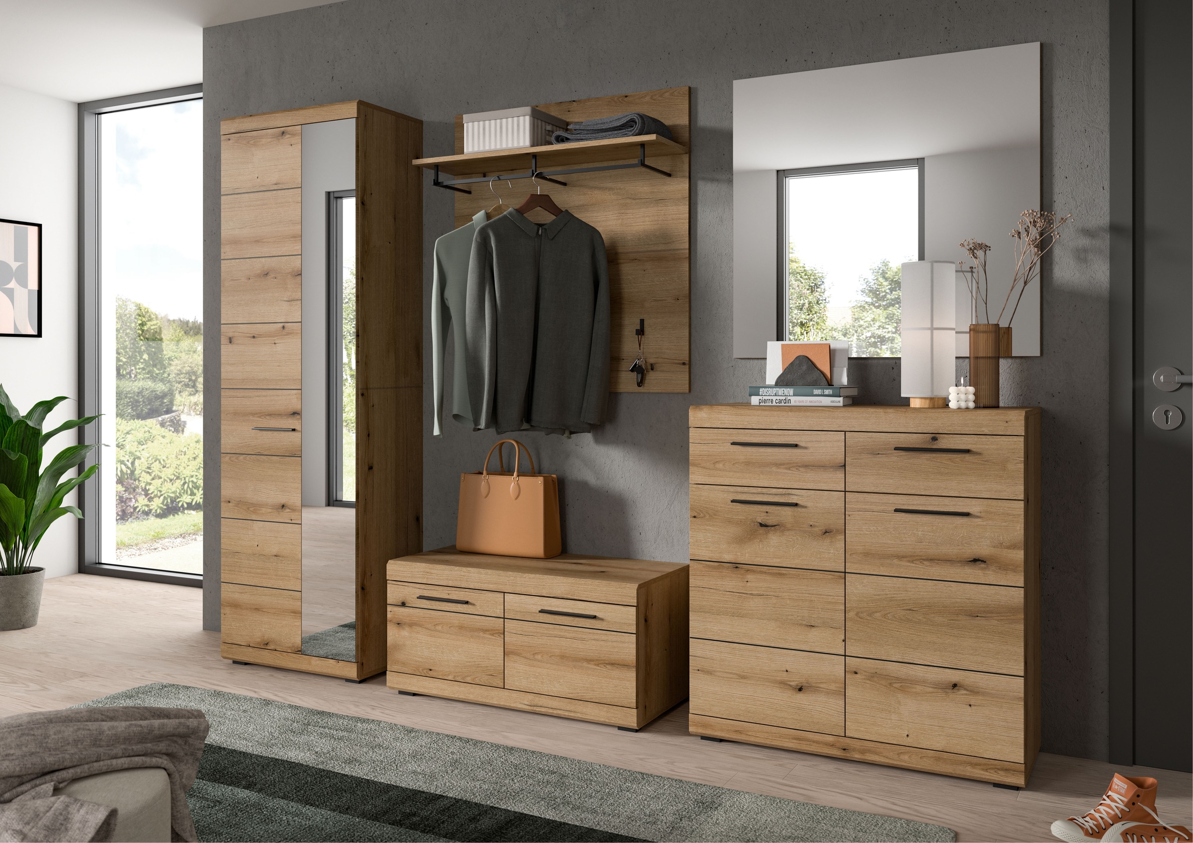 Home affaire Garderoben-Set »SIENA, Breite 272 cm, 5-teiliges Set, individuell stellbar« Komplett-Set, best.aus: Garderobenschrank, Sitzbank, Paneel, Schuhschrank & Spiegel, 5 Stk. tlg.