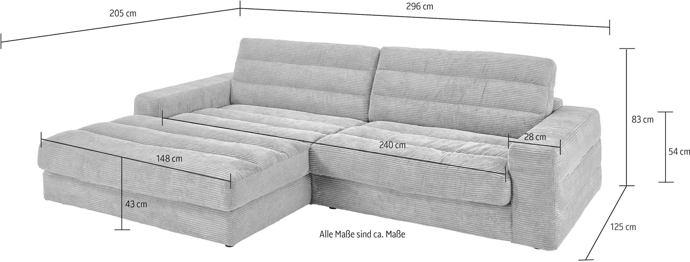 3C Candy Ecksofa »Stripes Mega-Sofa, bequem und komfortabel, L-Form«, Lose Rückenkissen, mit feiner Quersteppung, Cord-Bezug