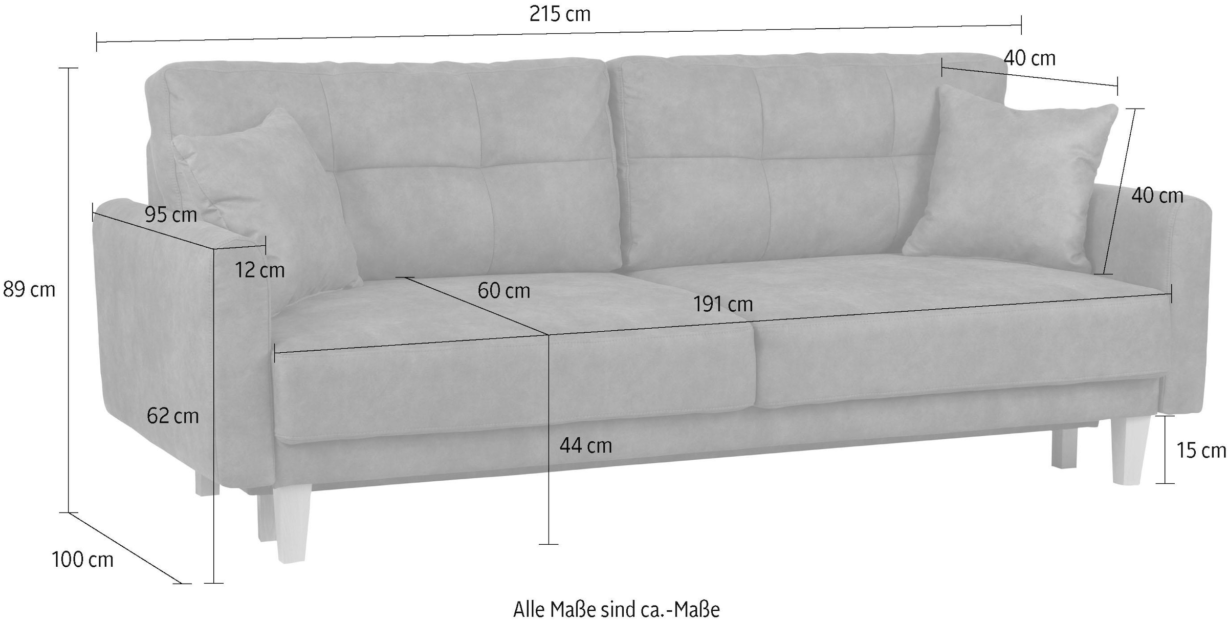 Home affaire 3-Sitzer »Triplo wahlweise mit Bettfunktion und Bettkasten,«, incl. Zierkissen, B/T/H: 215/100/89 cm Liegefläche 191 x 145 cm