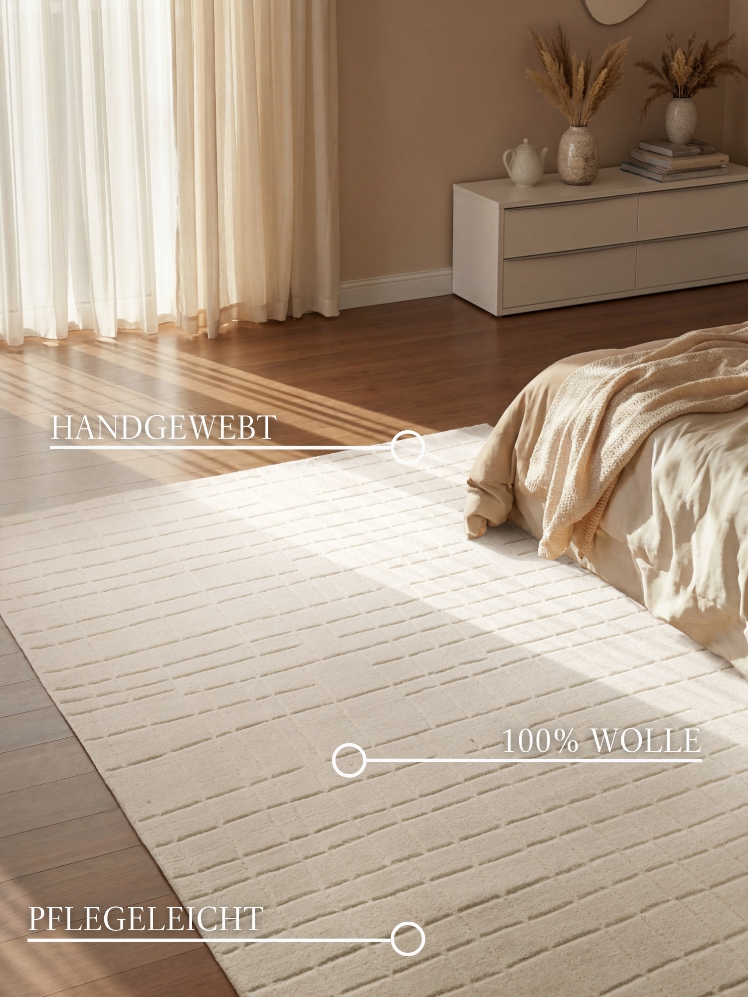 Villeroy & Boch Wollteppich »Kenso« rechteckig 15 mm Höhe Wolle, Kariert, Natur, Handgemacht, Wohnzimmer, Schlafzimmer, Hygge