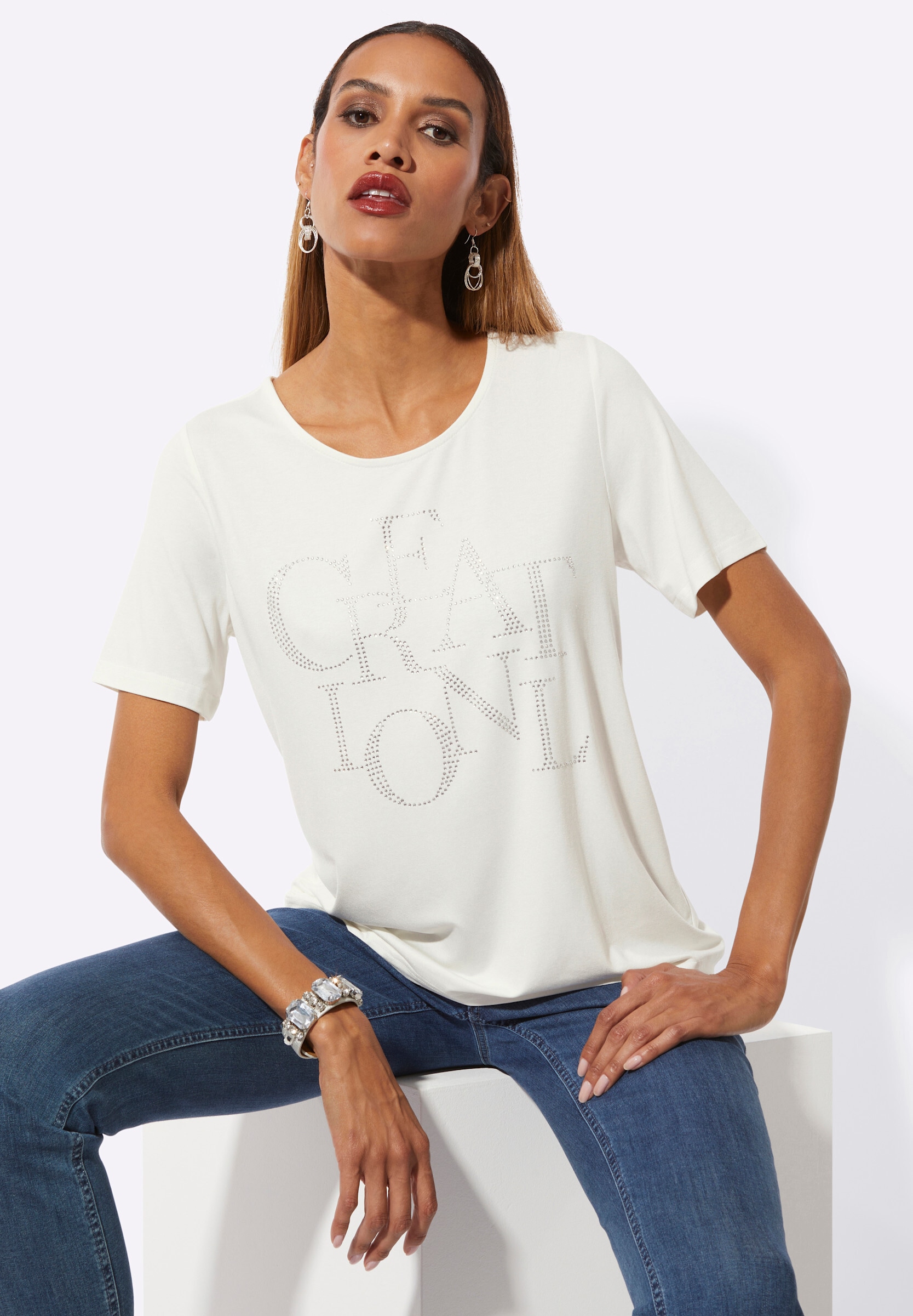 creation L T-Shirt »Shirt Kurzarmshirt mit Schriftzug aus Glitzersteinchen«