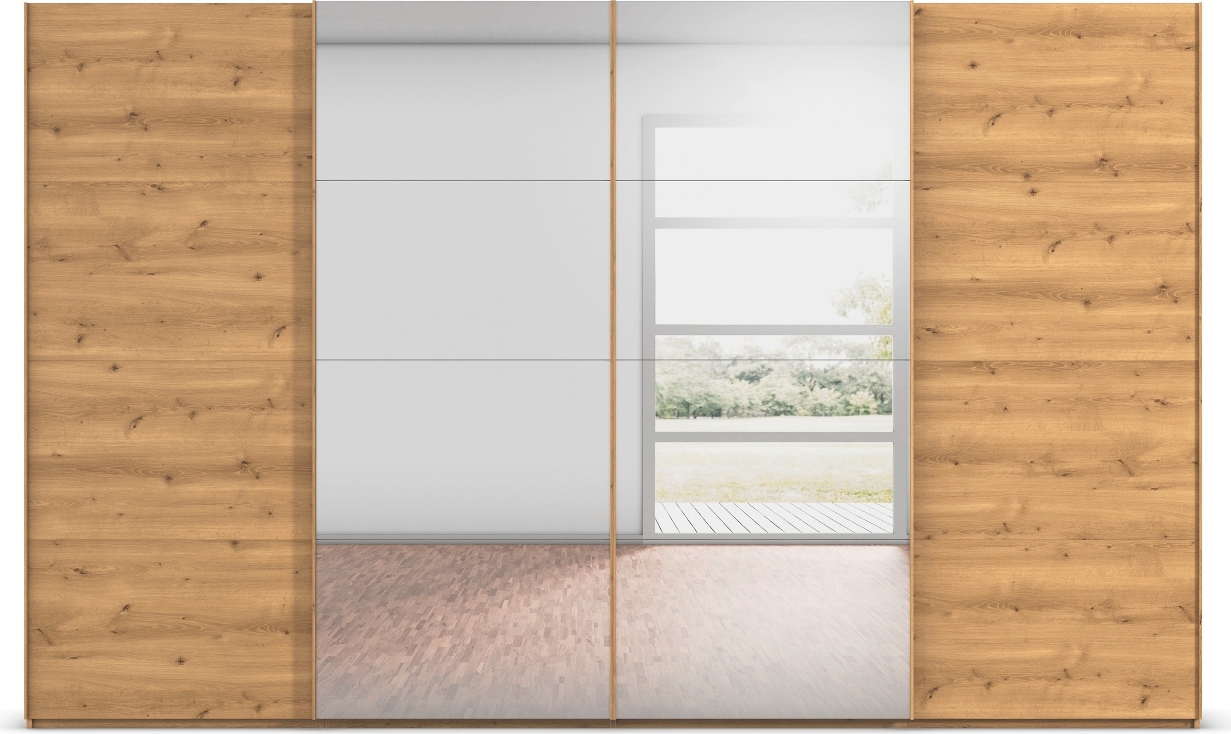 rauch Schwebetürenschrank »Kleiderschrank Schrank Garderobe Schlafzimmerschrank SCALE-FYRA«, edle viergeteilte Türen mit Spiegel und vielen Farben MADE IN GERMANY