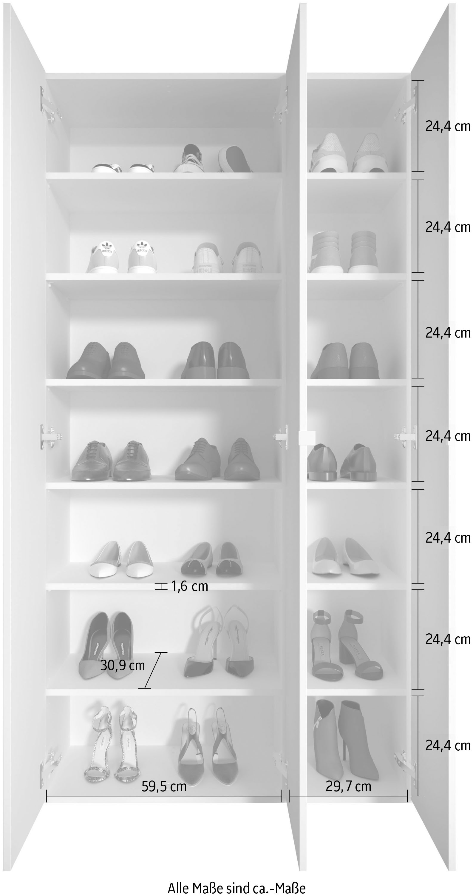 INOSIGN Schuhschrank »SMILE Breite 95 cm, Höhe 184 cm, Schuhregal mit 7 Ebenen,«, Schuhkommode in Weiss Hochglanz Lack