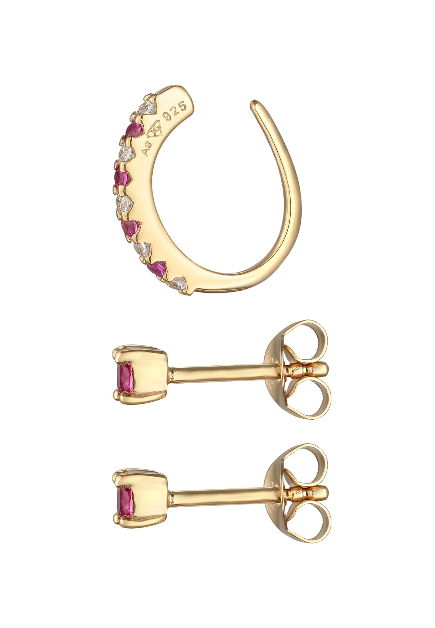 Elli Ohrring und Ketten Set »Ohrringe Stecker Earcuff Zirkona Synt. Rubin 925 Silber«