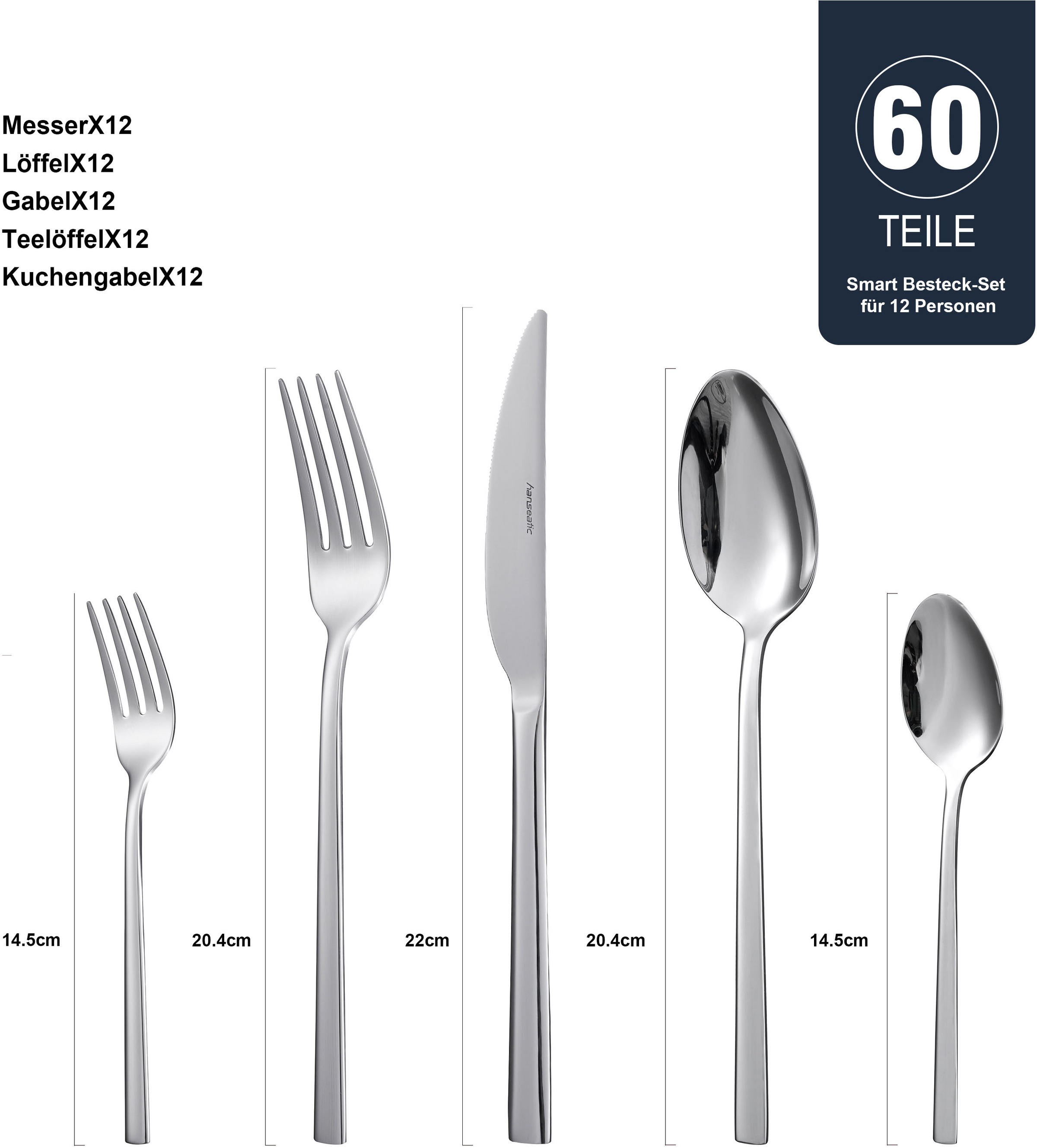 Hanseatic Besteck-Set »SMART, glänzend«, (Set, 60 tlg.), leichtes und minimalistisches Design