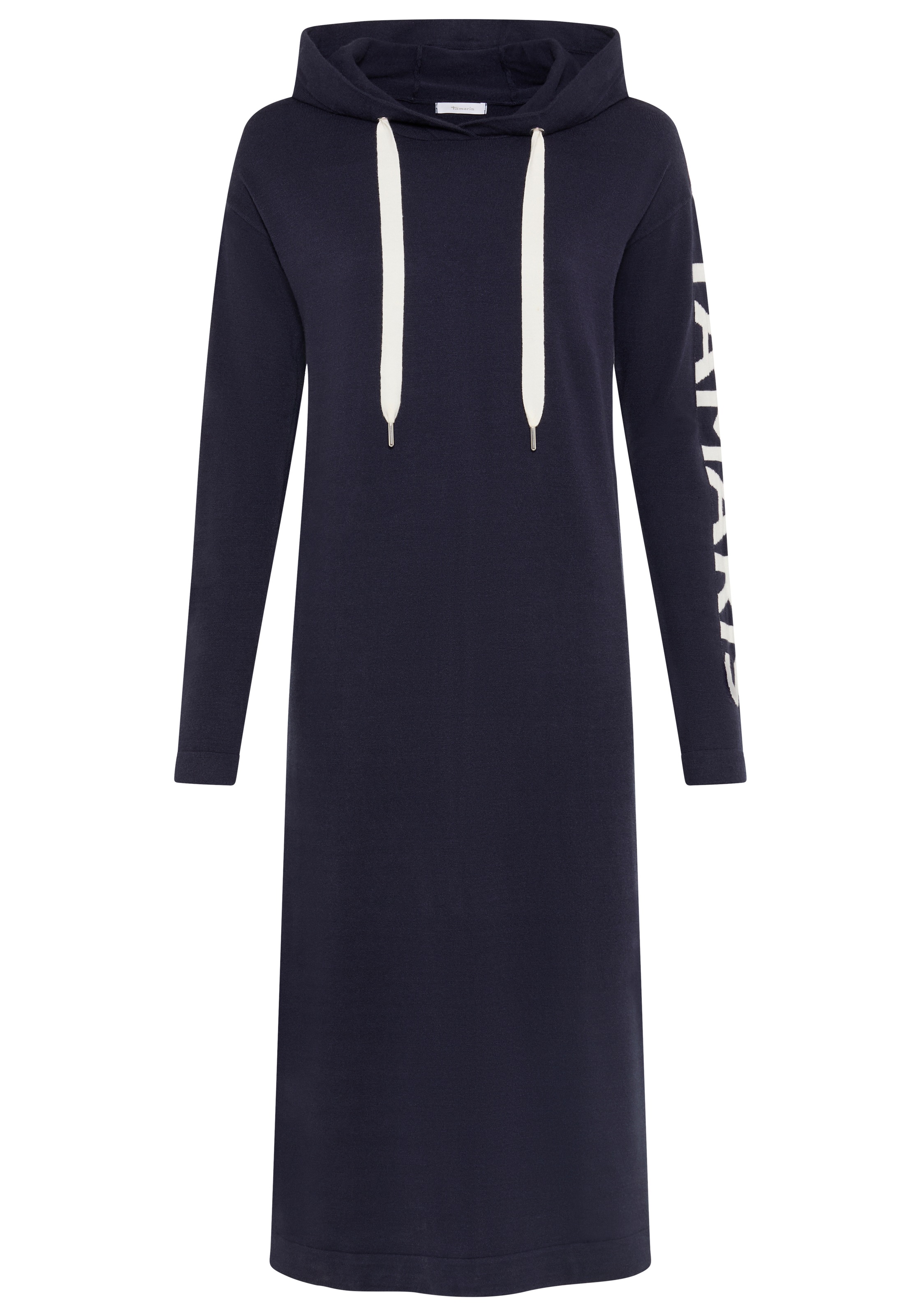 Tamaris Strickkleid »mit Kapuze und Kordelzug, lässig geschnitten, wadenlang« Seitennahttaschen mit Schriftzug-Details an den Ärmeln