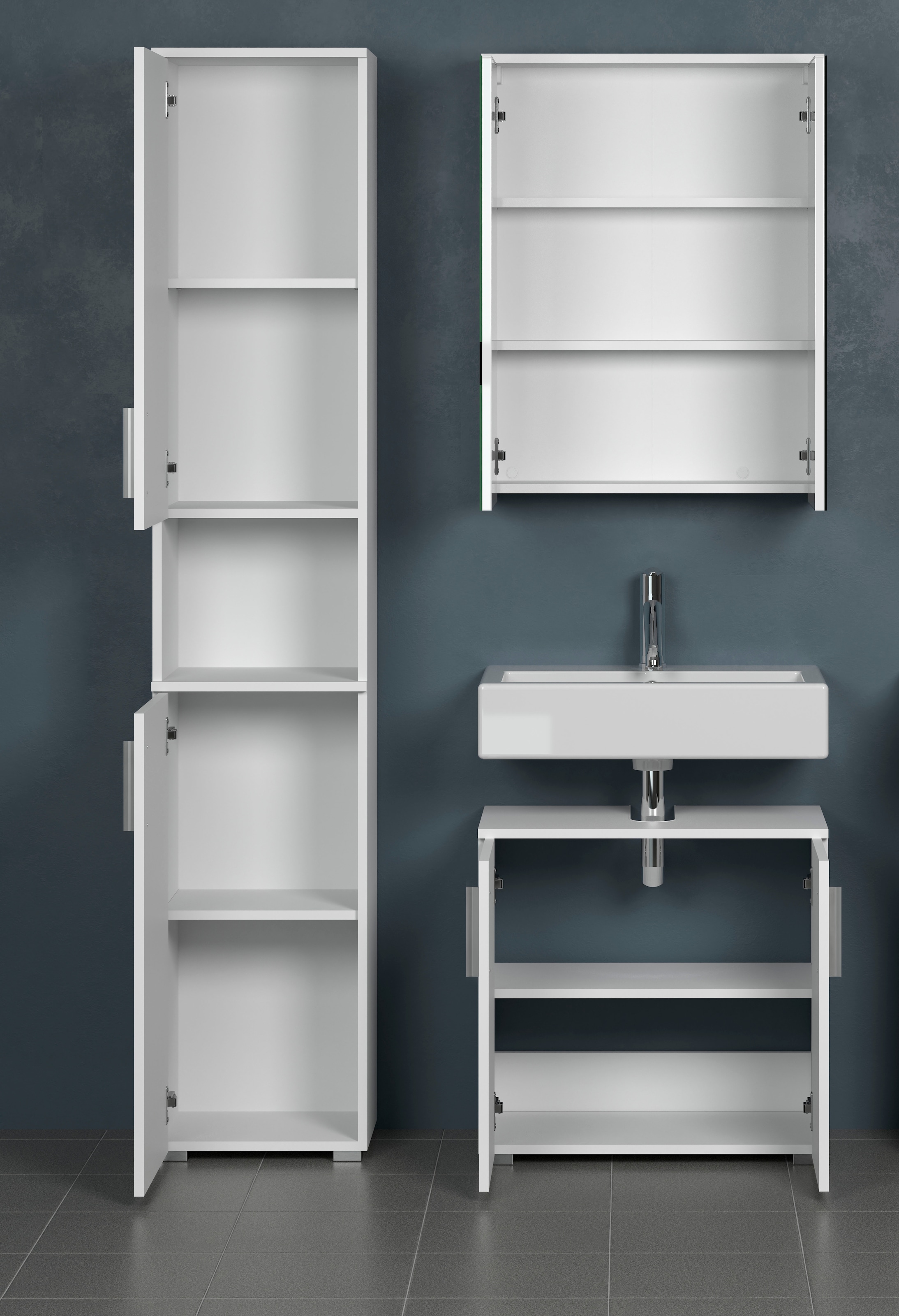 welltime Badezimmer-Set »Prag«, (Set, 3 St.), Hochschrank, Waschtisch und Spiegelschrank mit vertikalen Fräsungen