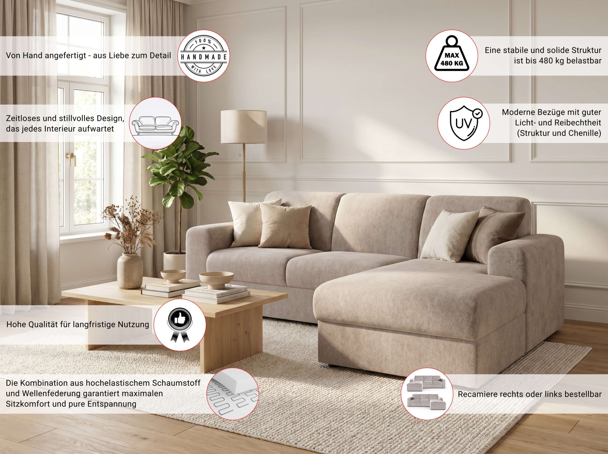 OTTO home Ecksofa »BORNHOLM 2.0 L-Form, Breite 220 cm, Verlässliche Qualität, Struktur« Recamiere links/rechts bestellbar, Bezug - Chenille oder Struktur