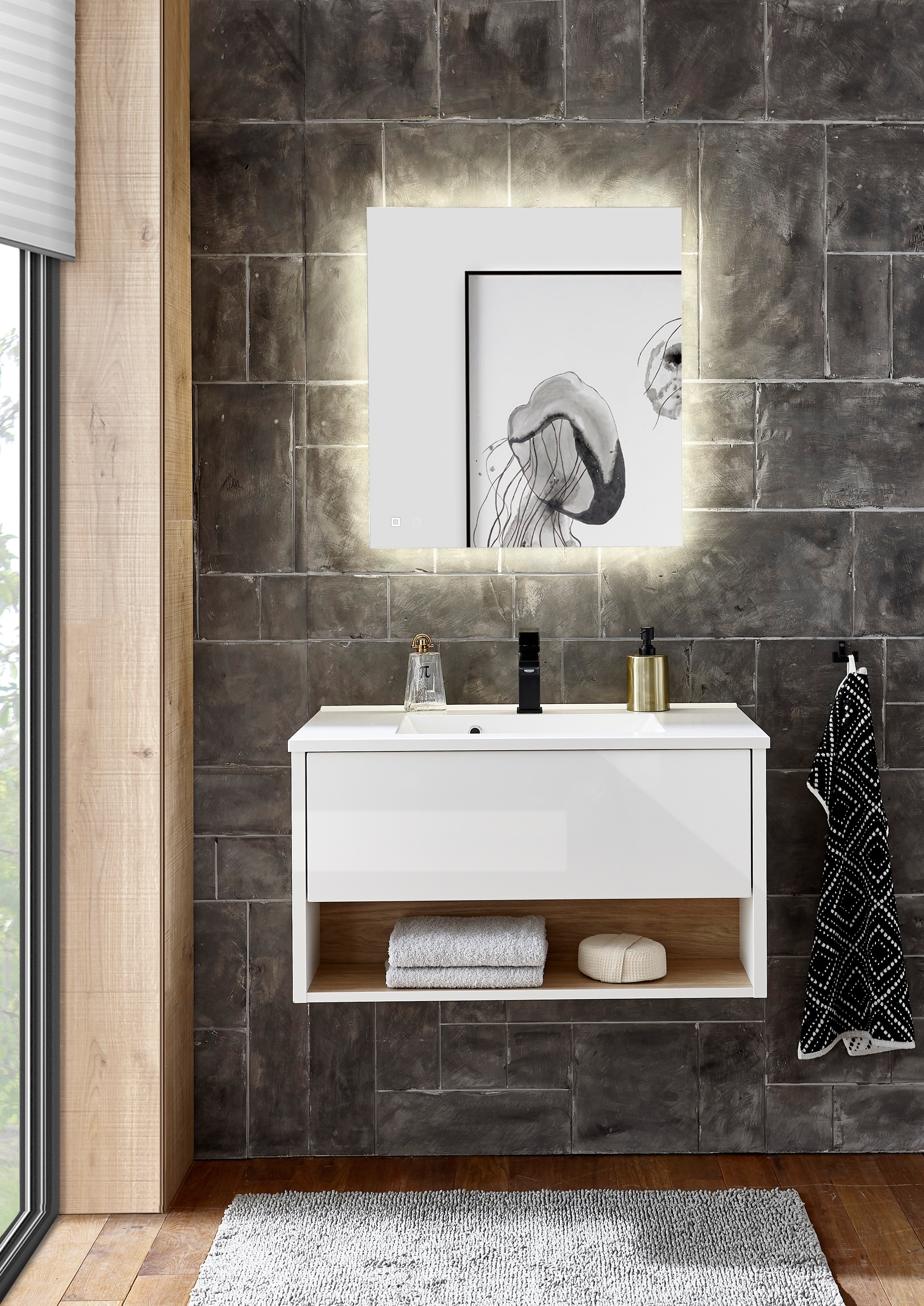 Places of Style Badmöbel-Set »Studio Line, Bad im modernen Design, 2-teiliges Badezimmer«, (2 St.), Waschtisch und Spiegel, in zwei Farben verfügbar, viel Stauraum