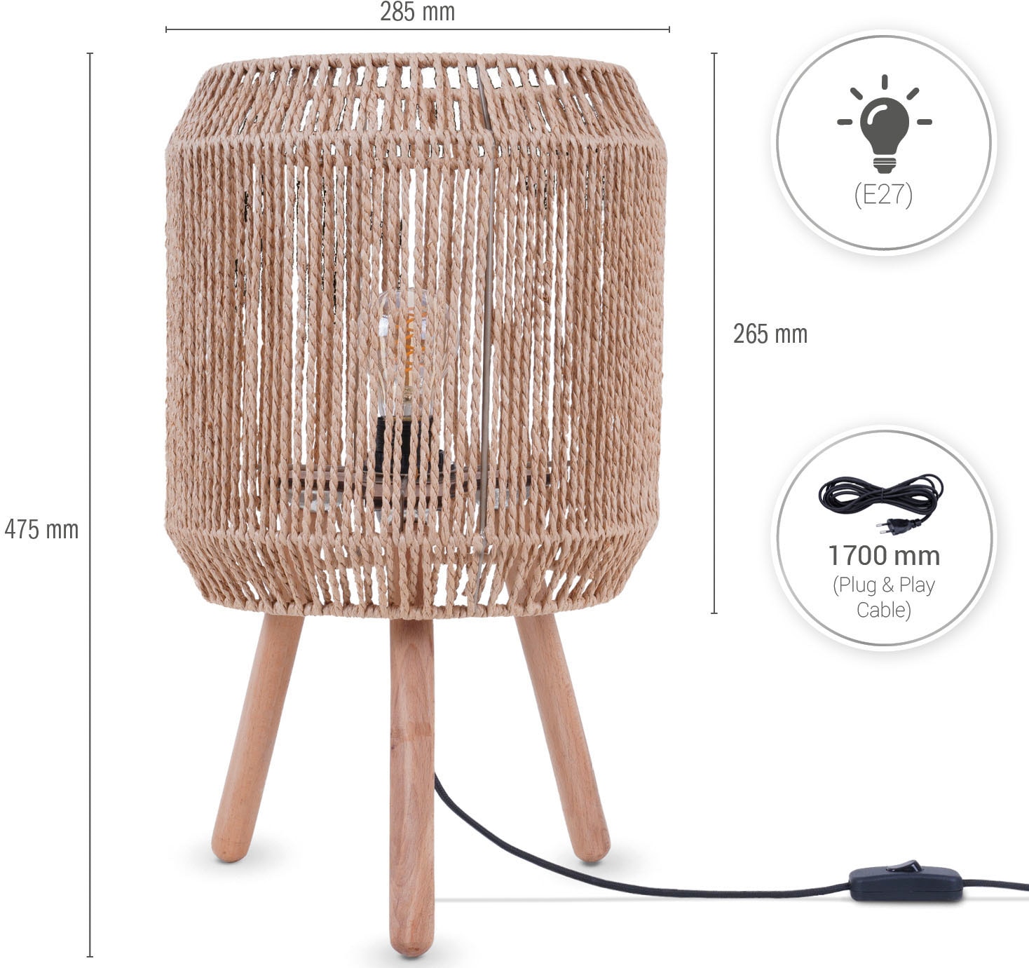 Paco Home Tischleuchte »SOL«, Leuchtmittel E27 | ohne Leuchtmittel, Boho Deko Lampenschirm Korb Holz E27
