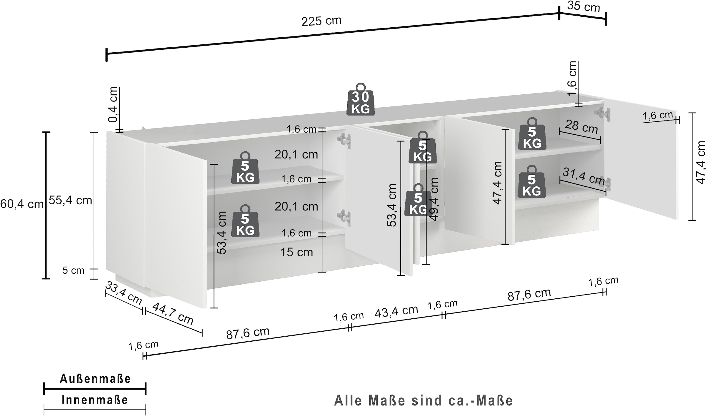 INOSIGN Lowboard »VELA, Höhe 60 cm, Breite 225 cm,Design mit schrägen Türen«, (1 St.), Made in Italy, Maße-B/T/H: 225x35x60, Lowboard, TV-Board, TV-Kommode