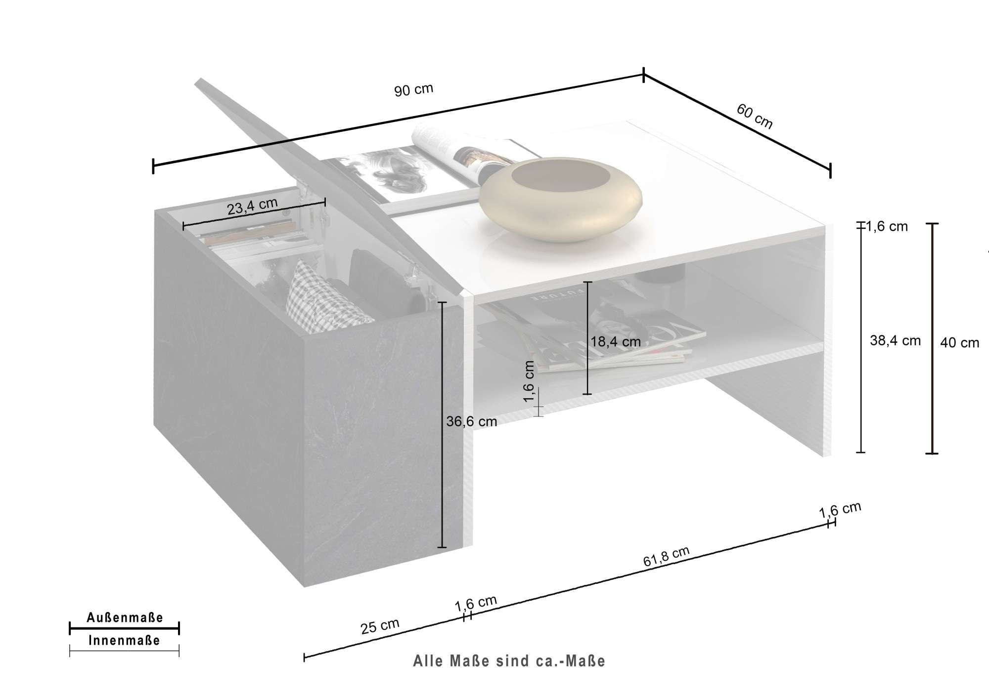 INOSIGN Couchtisch »Coro, Couchtisch, Couchtisch mit seitlichem Stauraum,Sofatisch«, Länge 90 cm, mit zwei Ablagefächern davon eines geschlossen
