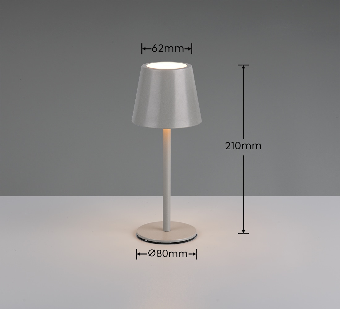 REALITY Leuchten LED Tischleuchte »DIAZ, Outdoor Akku Tischlampe Höhe 21 cm Ø 8,5 cm, IP44, Touchdimmer« LED-Board 1 Stk. Farbwechsler | warmweiß - kaltweiß CCT Lichtfarbe einstellbar 2700-6500K, 160 Lumen, 1,6W, USB Anschluss
