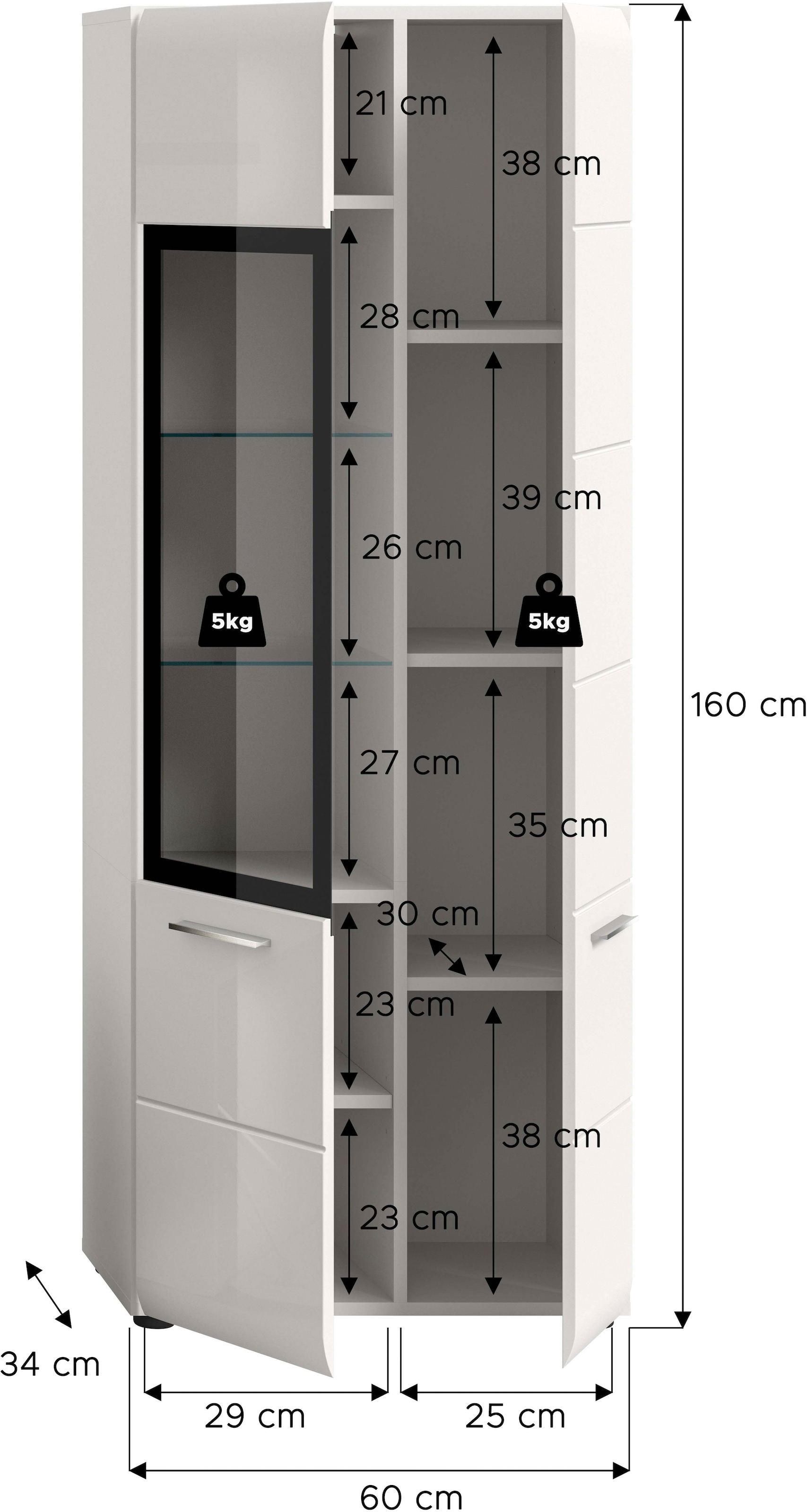 Home affaire Vitrine »FLORENZ, Höhe: 160 cm, hochwertige MDF-Front, Glastür, Glasböden« 1 Stk. tlg. Vitrine, Vitrine weiß, Vitrinenschrank, Wohnzimmervitrine, Wohnzimmer