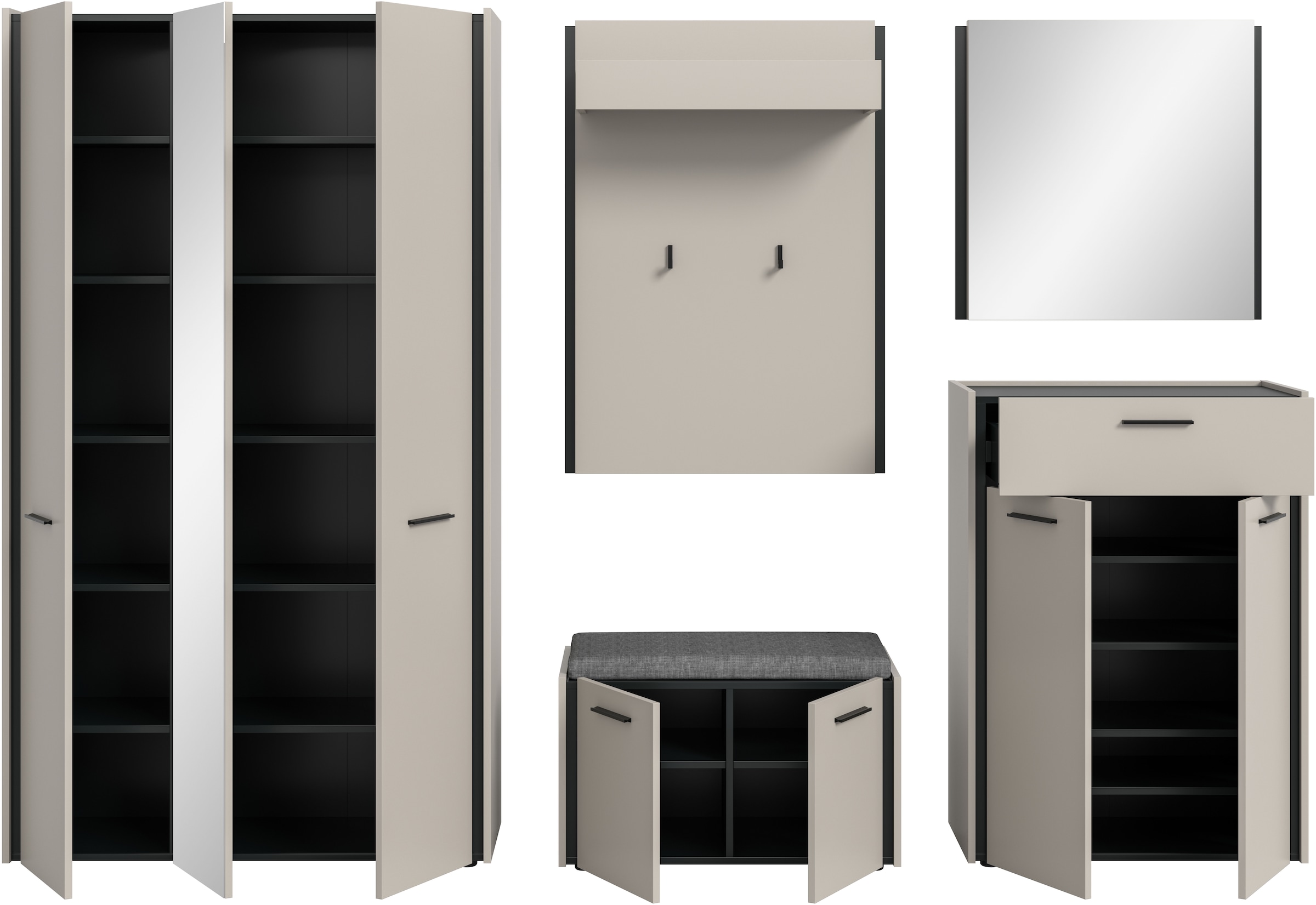 Home affaire Garderoben-Set »RAK, 6-teilige Garderoben-Kombi inkl. Sitzkissen, Breite ca. 287 cm« Garderobenschrank, Sitzbank, Garderobenpaneel, Schuhkommode, Spiegel, 6 Stk. tlg.