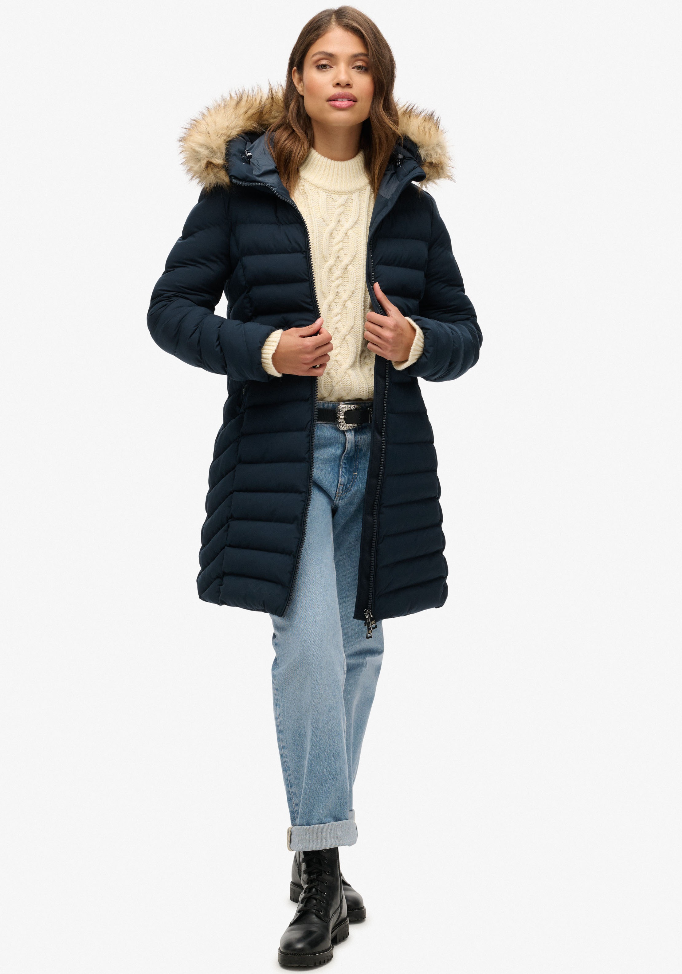 Superdry Steppjacke »FUJI FAUX FUR HOOD MID LENGTH«, mit Kapuze