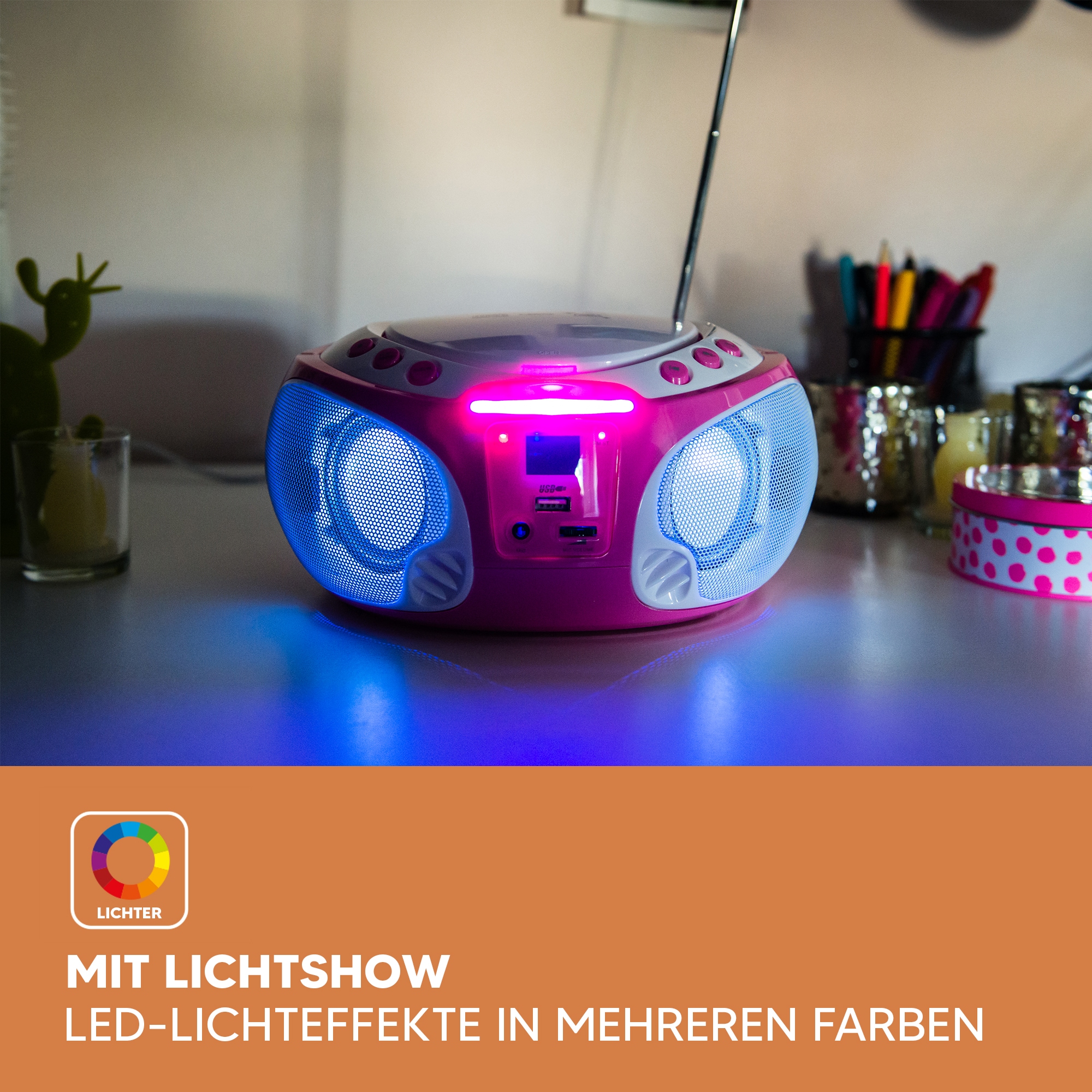Lenco Boombox »SCD-650« ( AM-Tuner | FM-Tuner ) speziell für Kinder, USB-Anschluss, Karaoke-Mikrofon und Lichteffekte