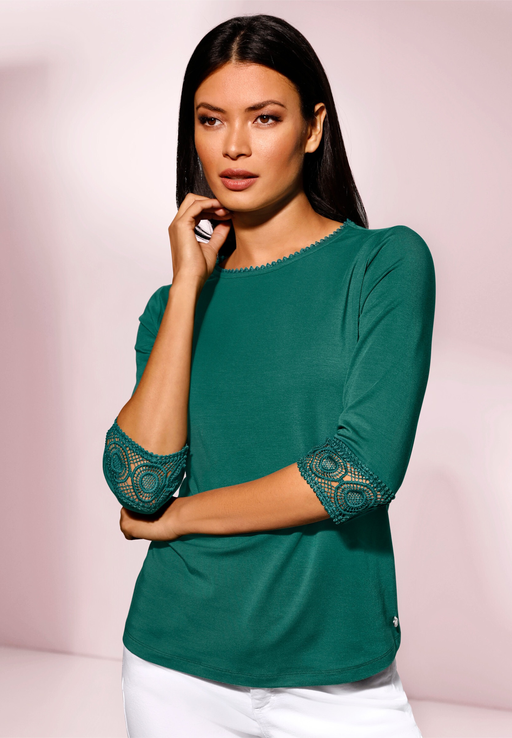 creation L T-Shirt »Lyocell-Shirt 3/4-Arm-Shirt mit Spitzenbordüre an Ausschnitt und Ärmeln«