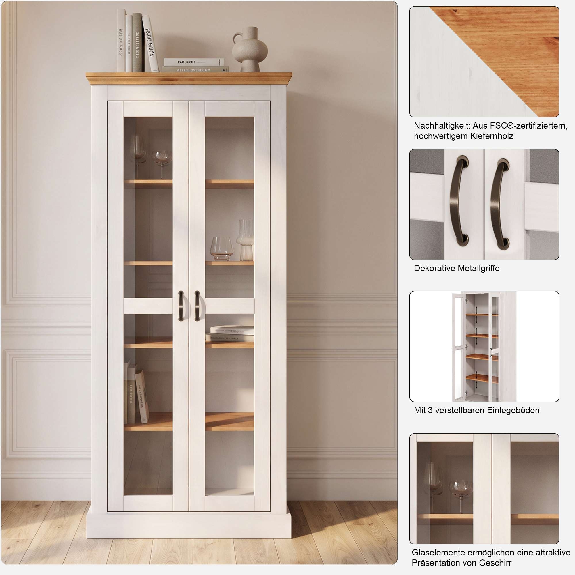 OTTO home Vitrine »Selma, Hochschrank, Standvitrine, Glasvitrine aus massivem Kiefernholz« FSC®, mit Griffen aus antikisiertem Metall, Höhe 180 cm