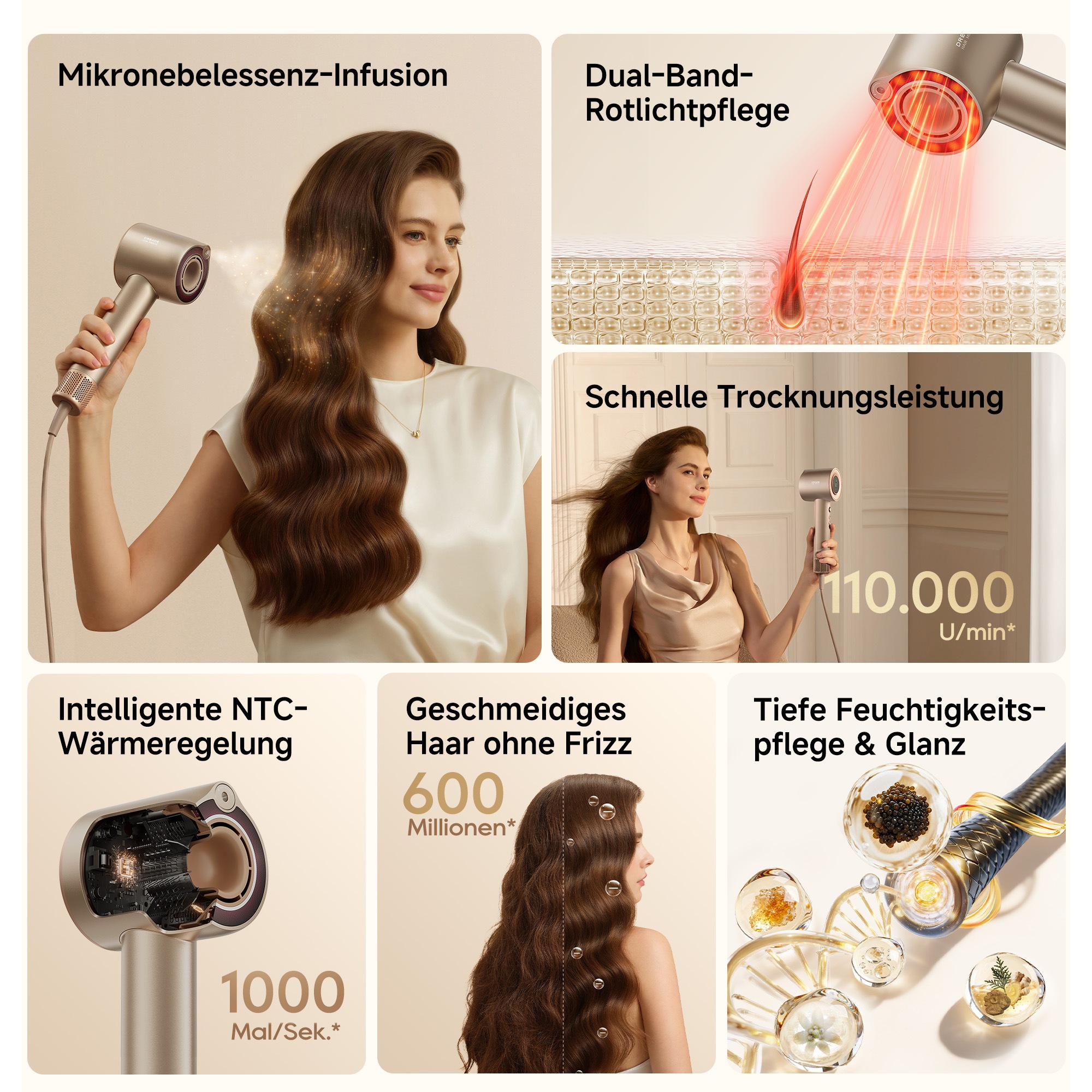 Dreame »Miracle Essence« 1.600 W 2 Aufsätze Essenz-Mikronebel, Rotlichtpflege, Anti-Frizz-Ionen