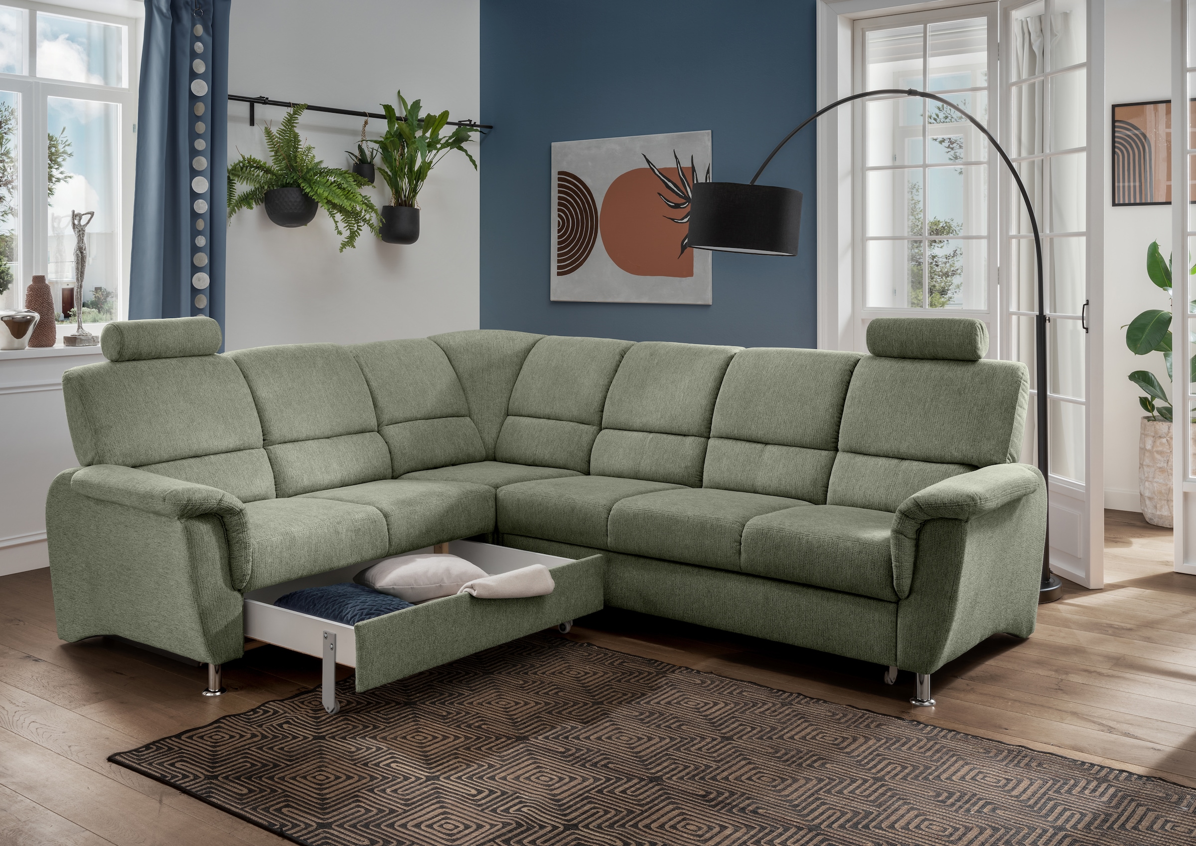 Home affaire Ecksofa »Pisa L-Form, mit Schlaffunktion, Stauraum, 2x höhenverstellbare«, Kopfstützen und Relaxfunktion im Eckelement