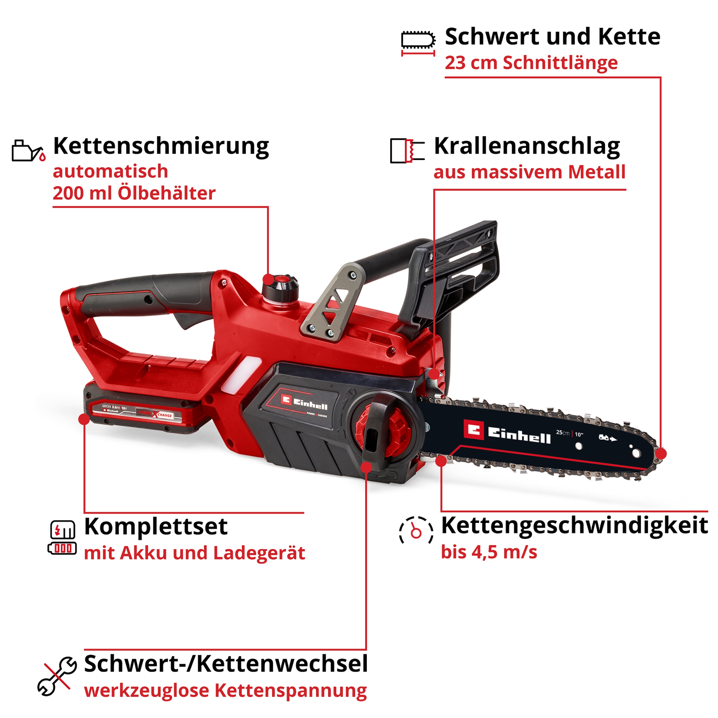 Einhell Akku-Kettensäge »GE-LC 18/25-1 Li Kit (1x3,0Ah)«, (6 tlg.)