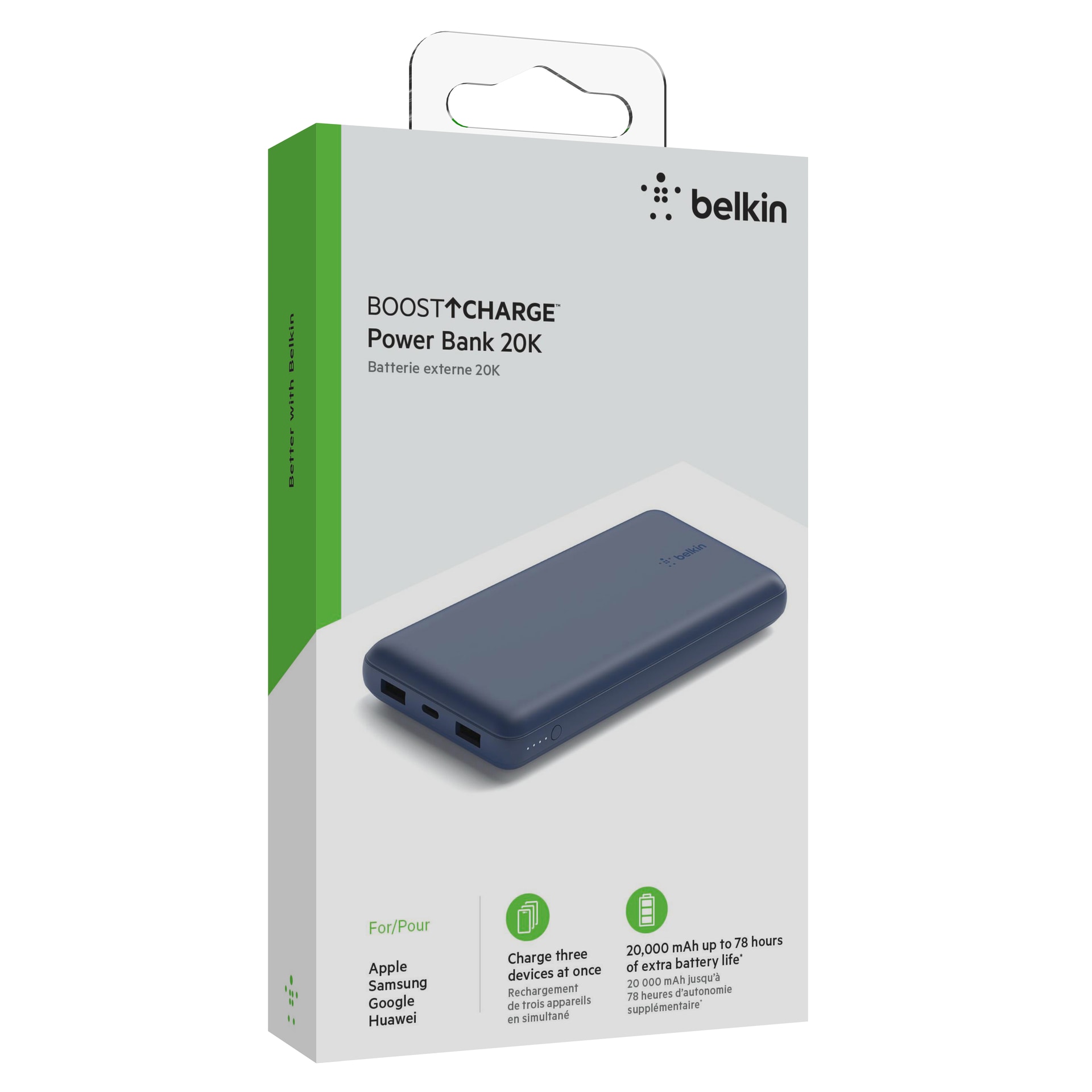 Belkin Powerbank »BoostCharge 20.000mAh Powerbank 15 Watt zum Laden von 3 Geräten«, 1x USB-C, 2x USB-A, Power für bis zu 78 Stunden