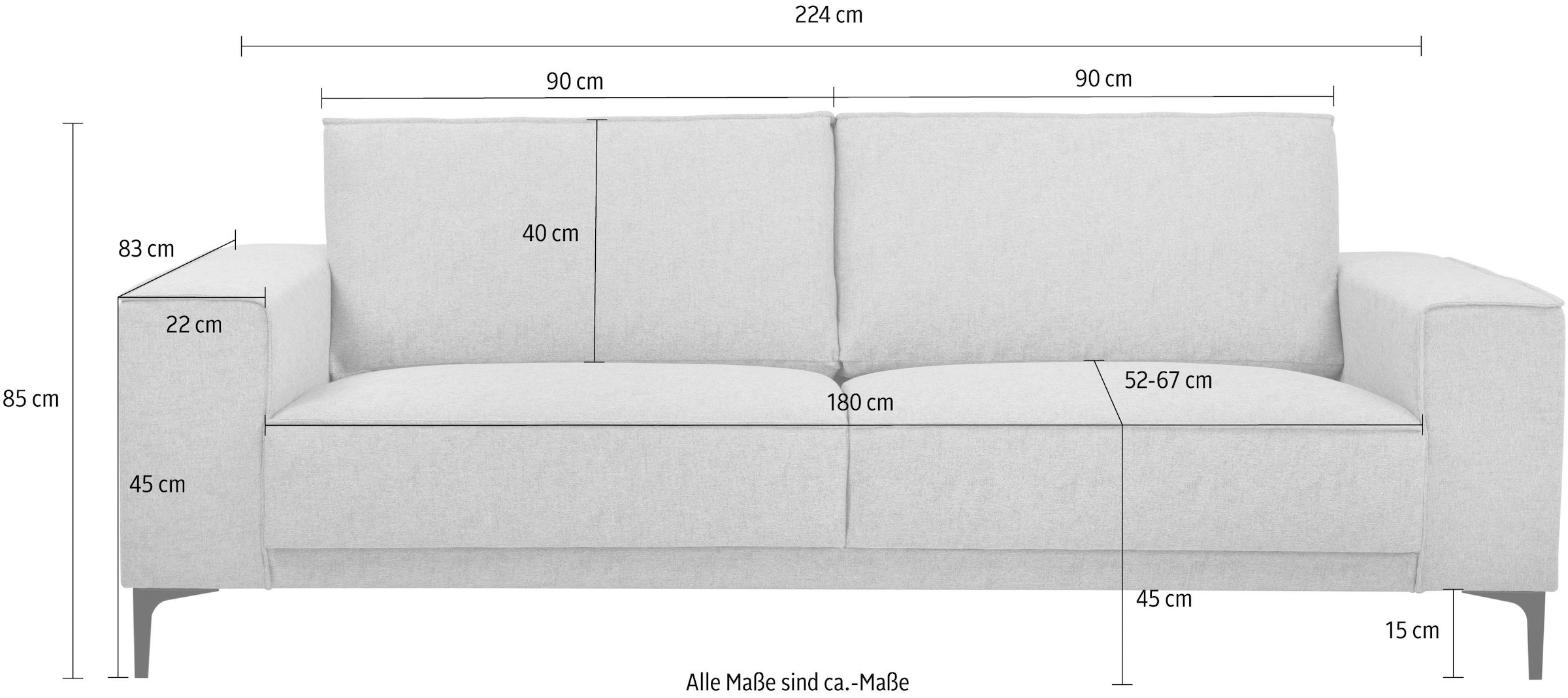 Places of Style 3-Sitzer »3er Sofa Oland, Struktur, Flachgewebe, Luxus-Microfaser, Boucle«, 224 cm, Wellenunterfederung, Skandi-Design, Metallfüße