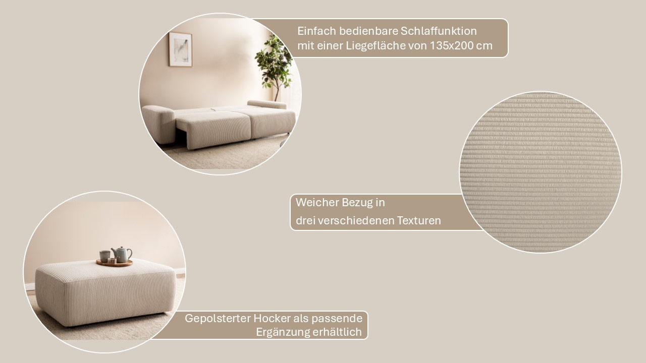 INOSIGN 3-Sitzer »TORGE (257cm), Sofa,Schlafsofa in Cord, Samtvelours, Struktur fein«, rundes Design, Schlaffunktion u. Bettkasten, Liegefläche: 135/200 cm