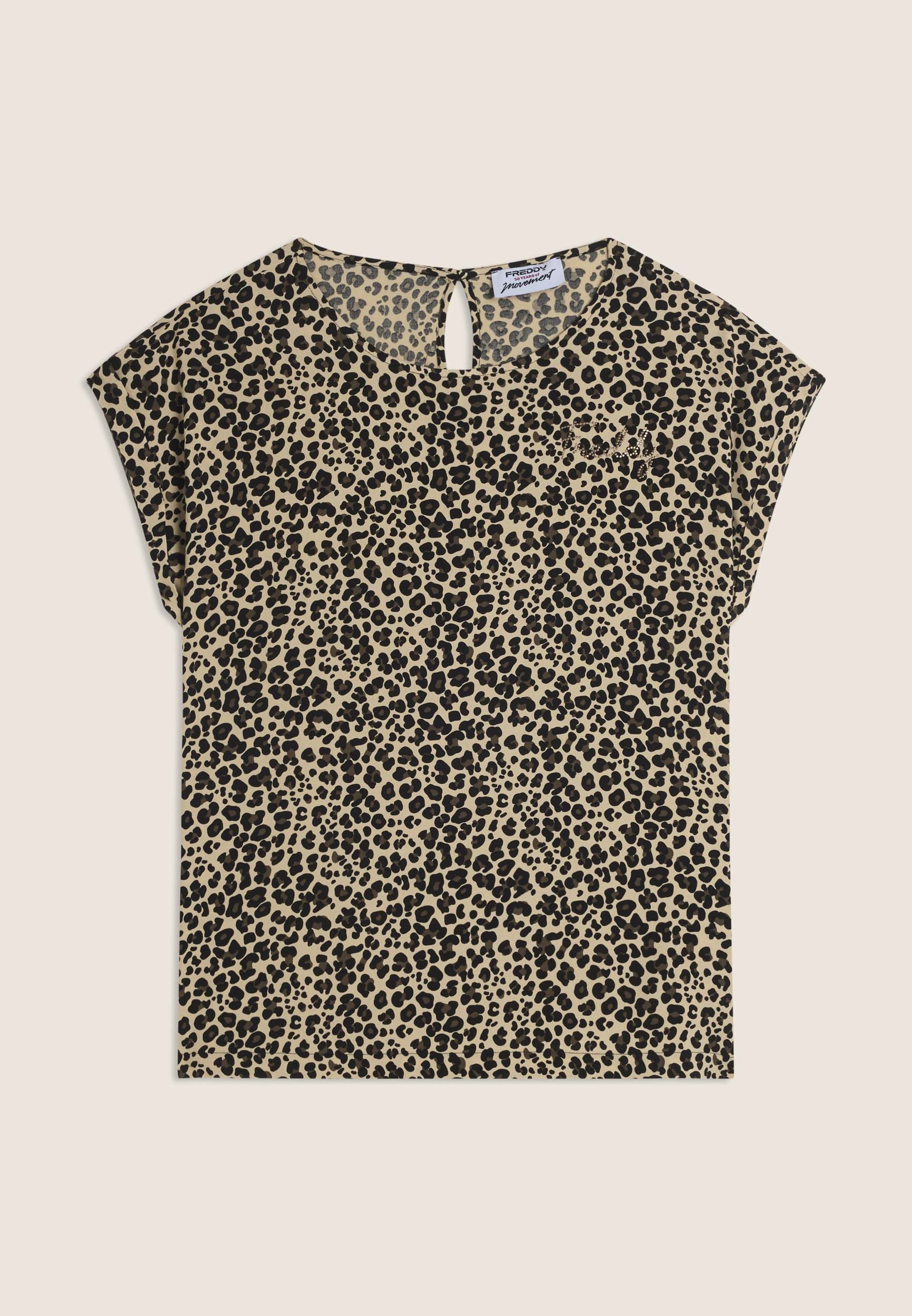 Freddy Rundhalsshirt mit allover Leoprint und Glitzerlogo